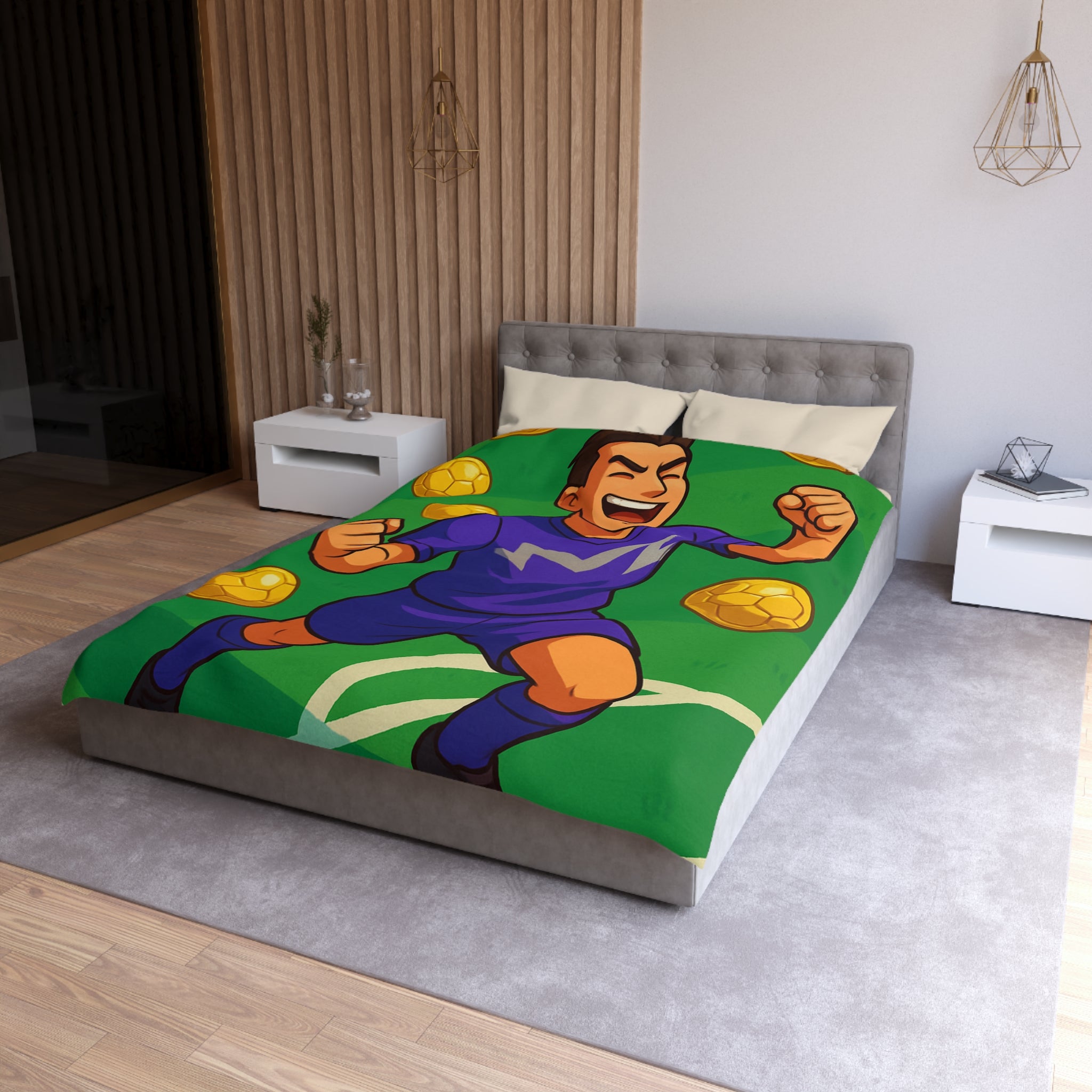 Housse de couette vibrant joueur de foot en célébration avec ballons dorés énergiques