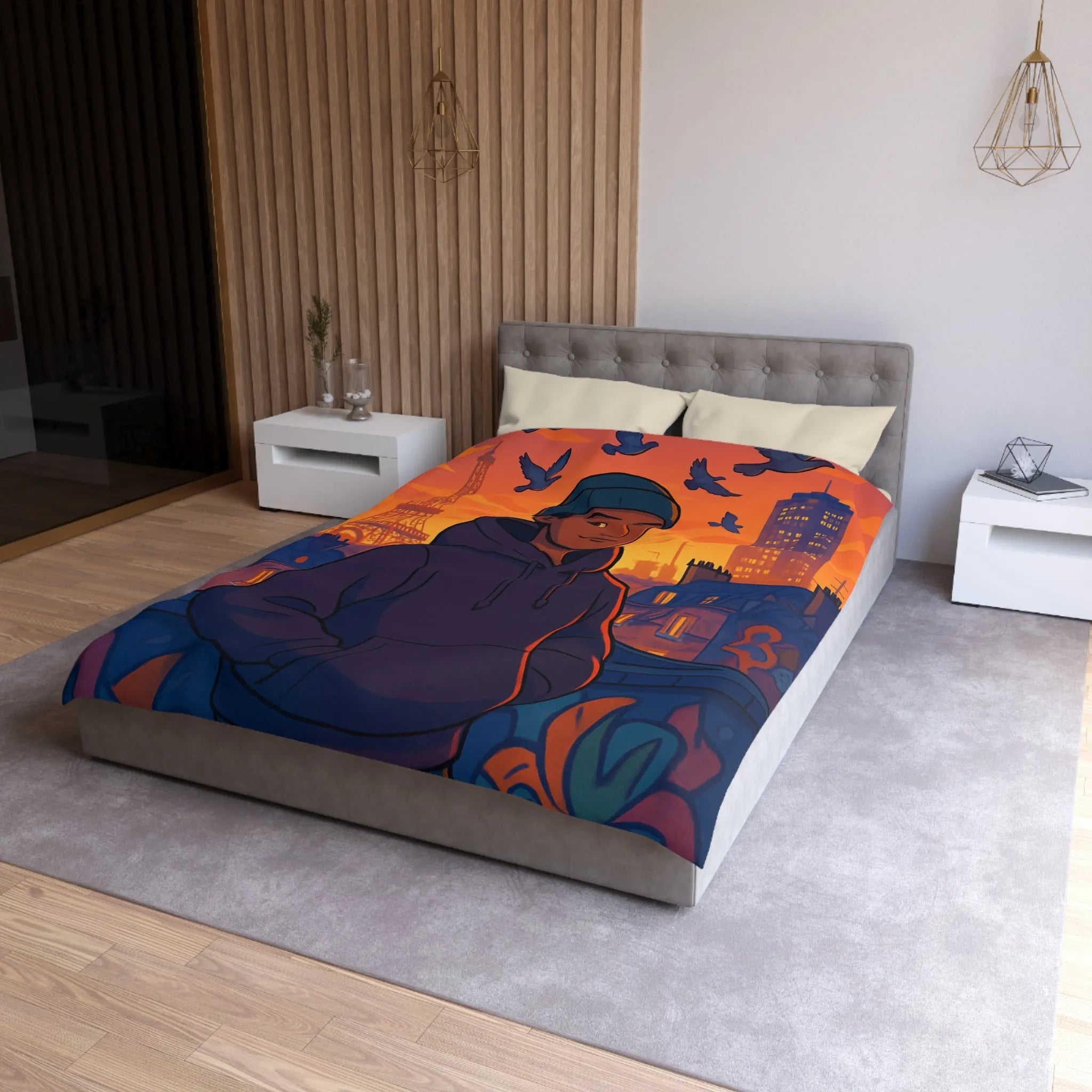 Housse de couette colorée avec ville, tour emblématique et vol de pigeons au crépuscule