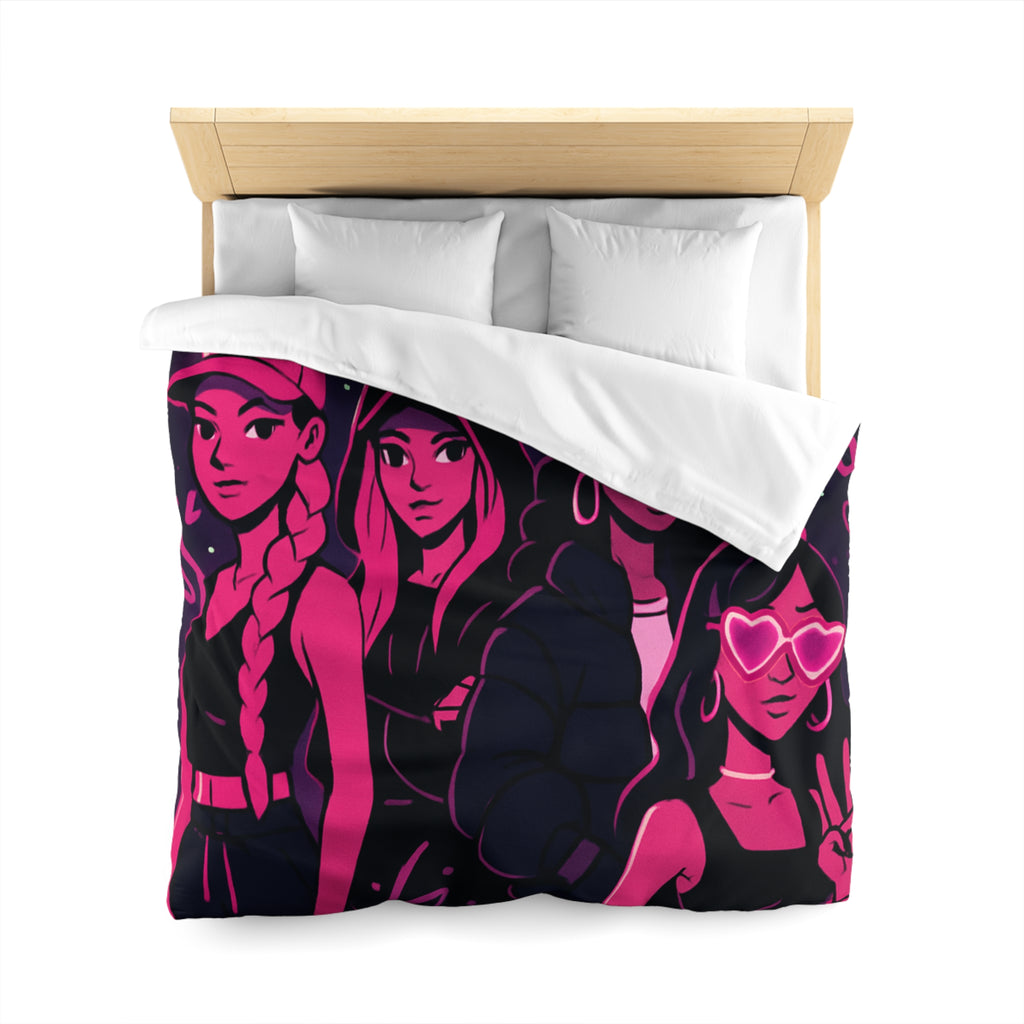 Housse de couette urbaine avec silhouettes féminines et motifs fluorescents nuit étoilée