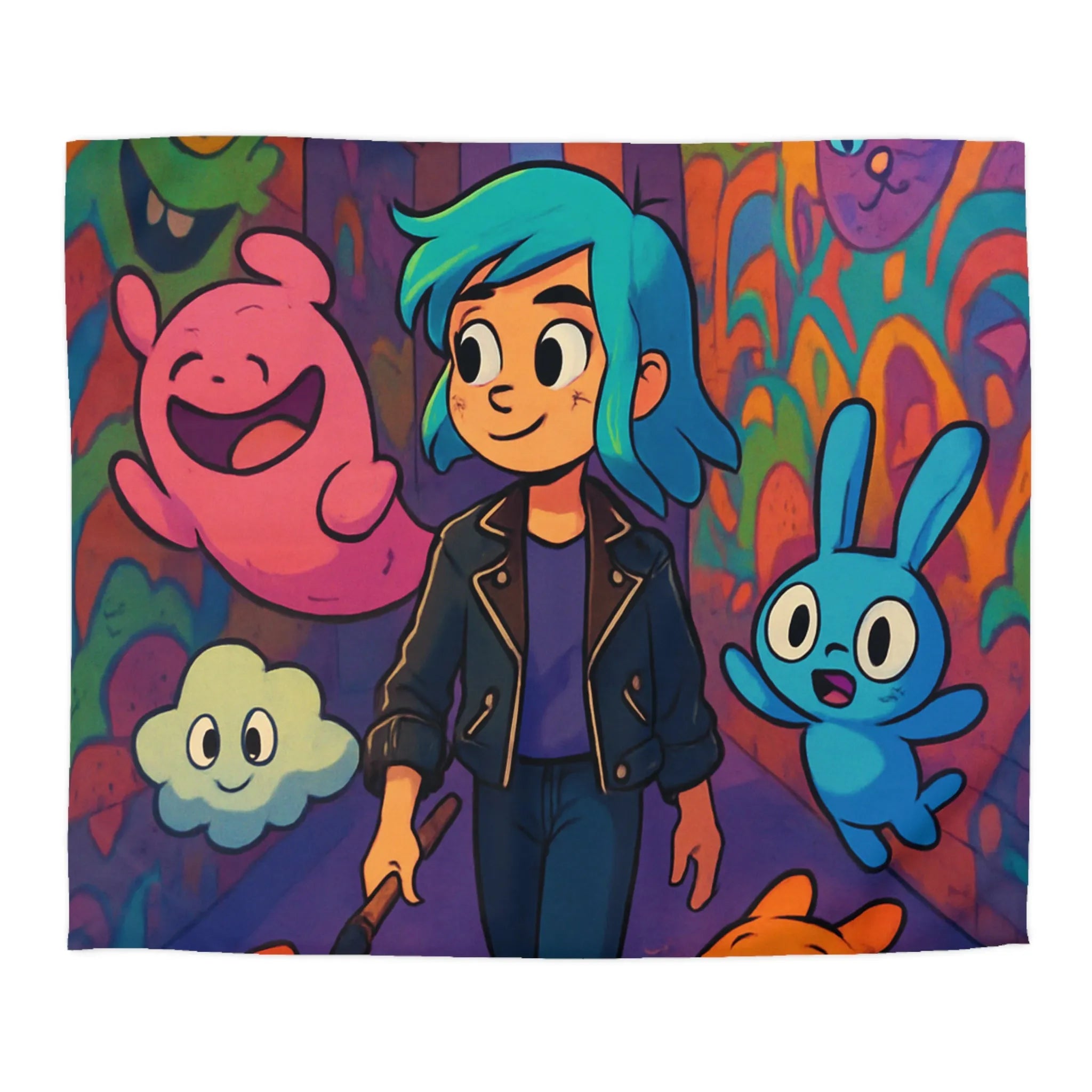 Housse de couette colorée avec personnages fantasy dans une ruelle urbaine magique