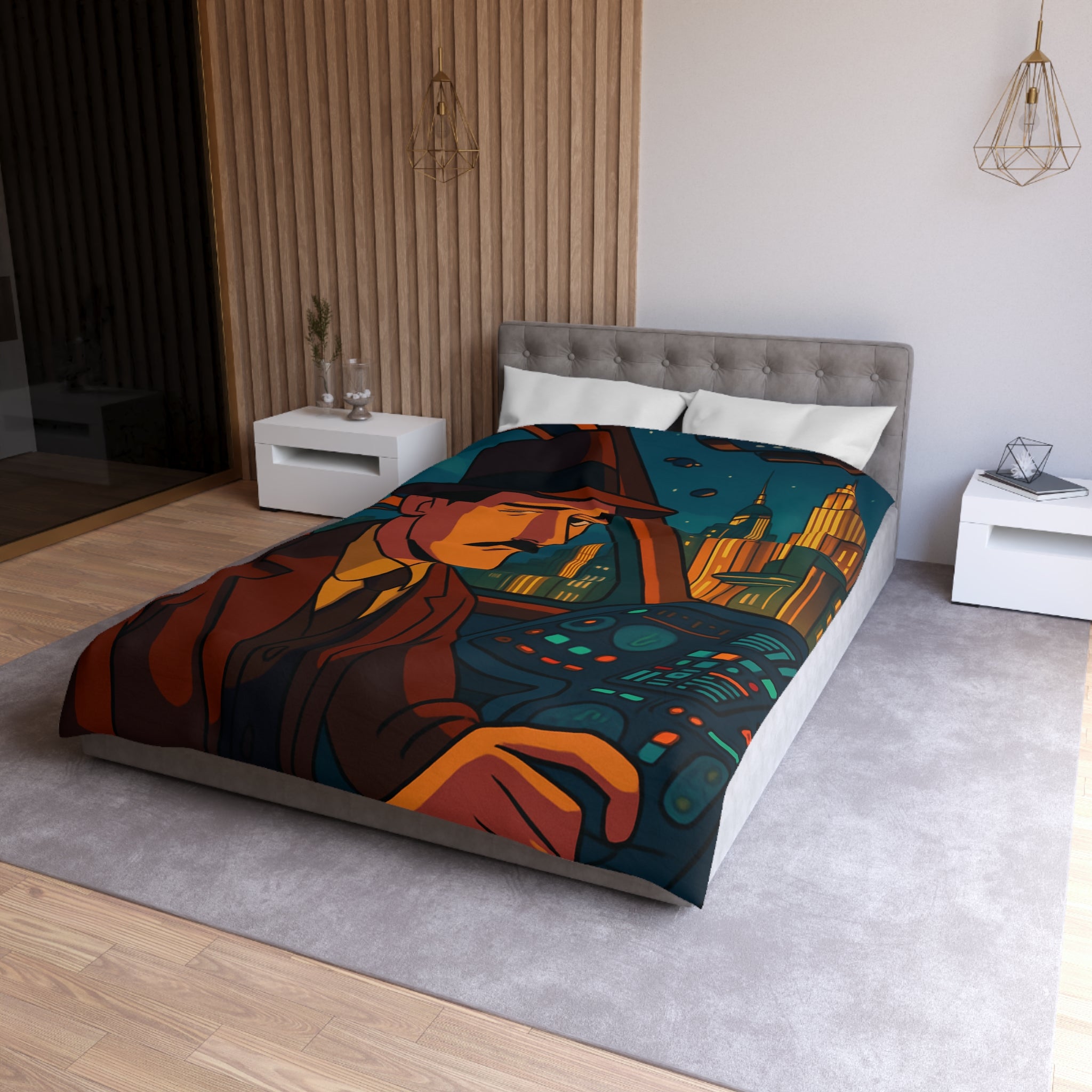 Housse de couette rétro-futuriste avec illustration de ville et pilote dans vaisseau