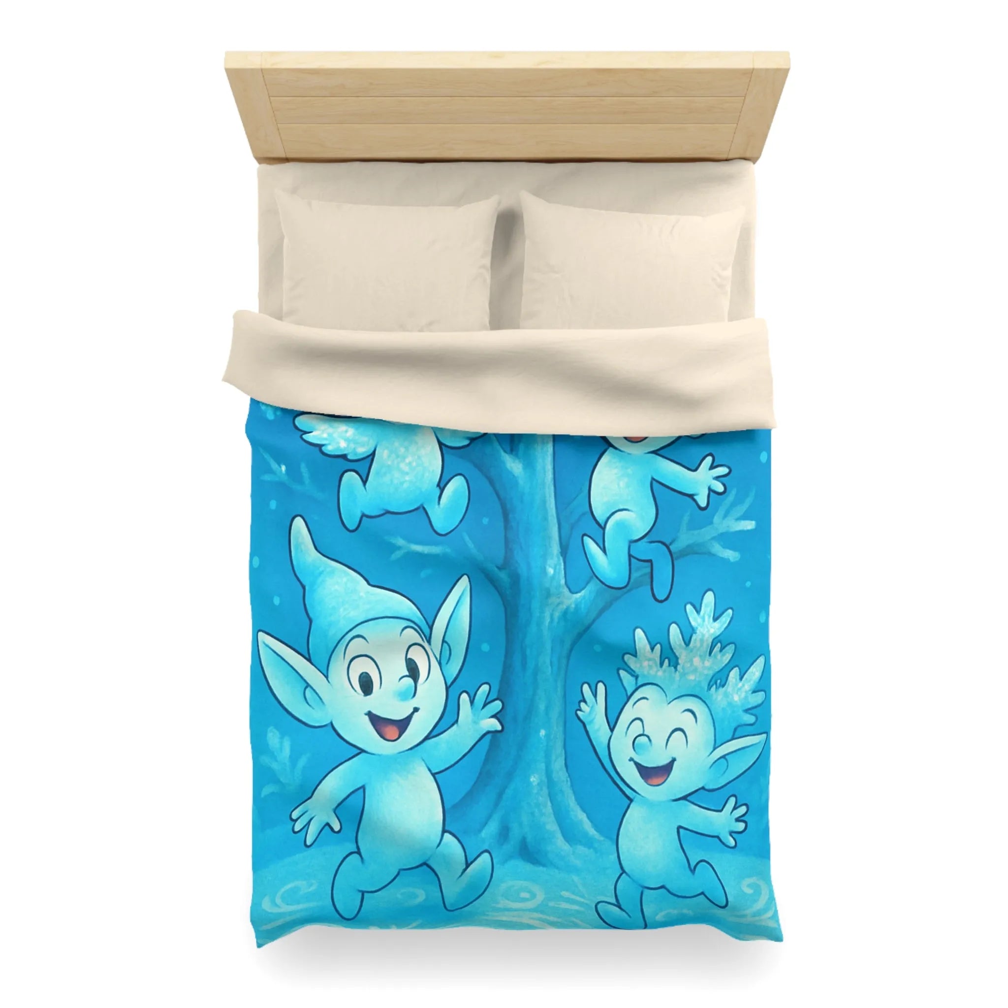 Housse de couette féerique avec lutins bleus dans forêt enchantée hivernale et magique
