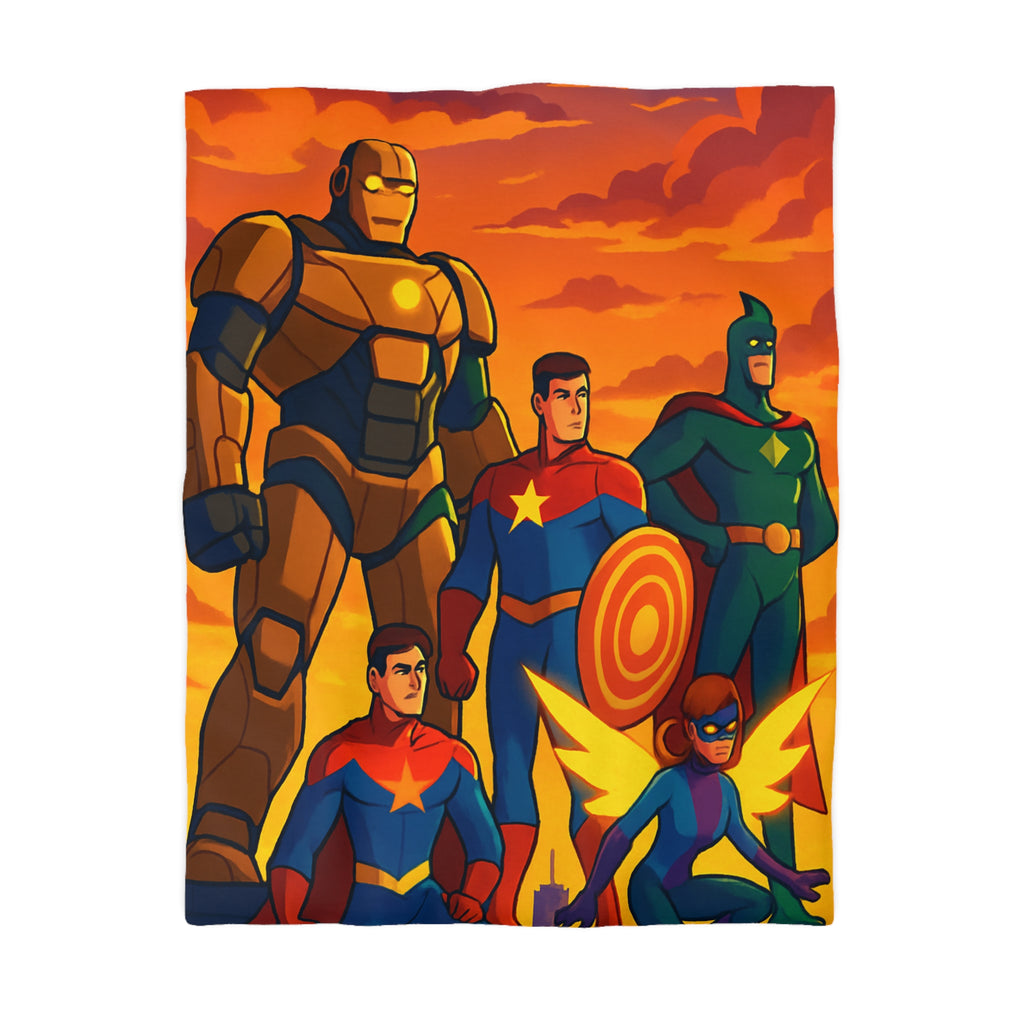 Housse de couette super-héros en costumes colorés avec coucher de soleil épique en arrière-plan