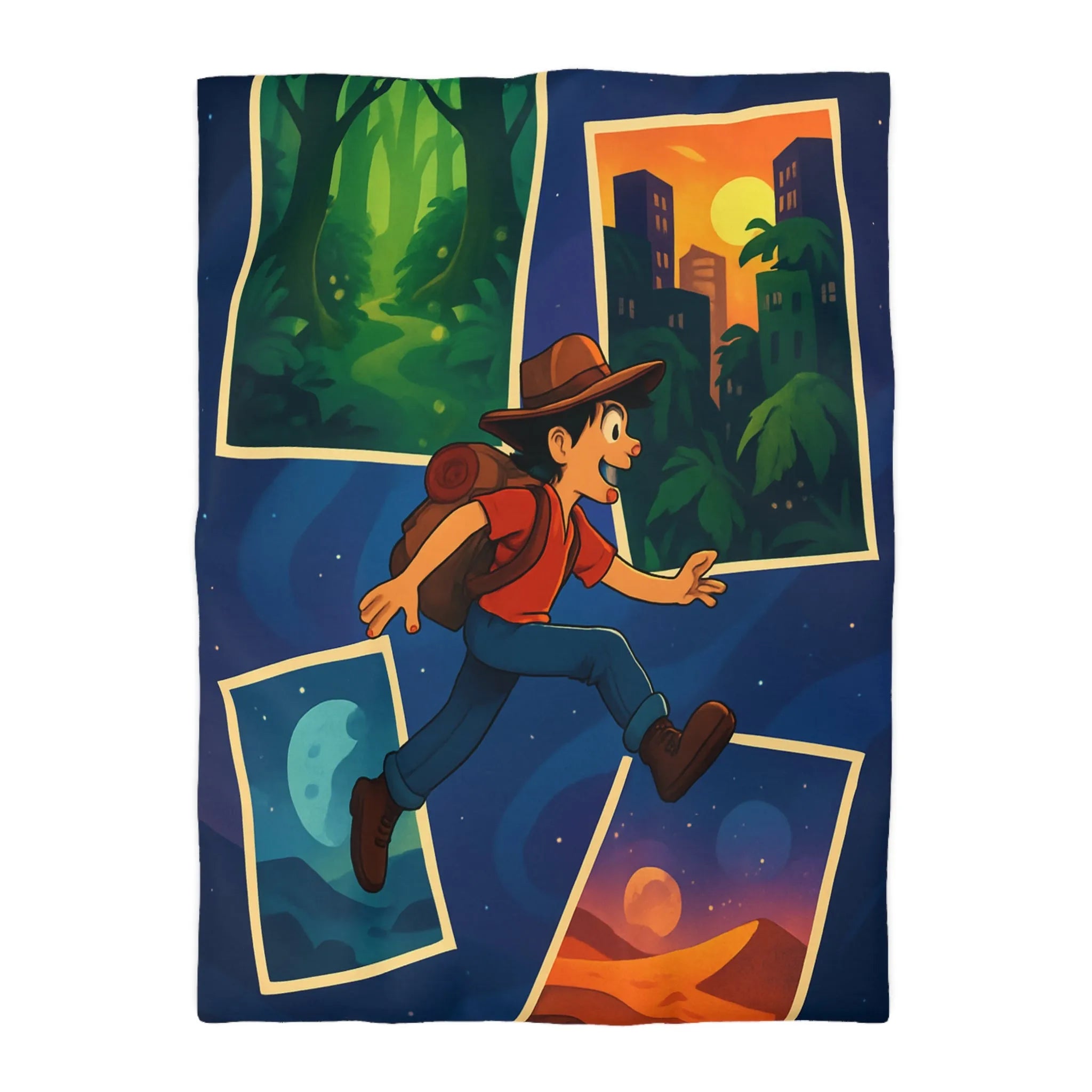 Housse de couette colorée avec illustrations d'aventure forêt, ville, désert, espace