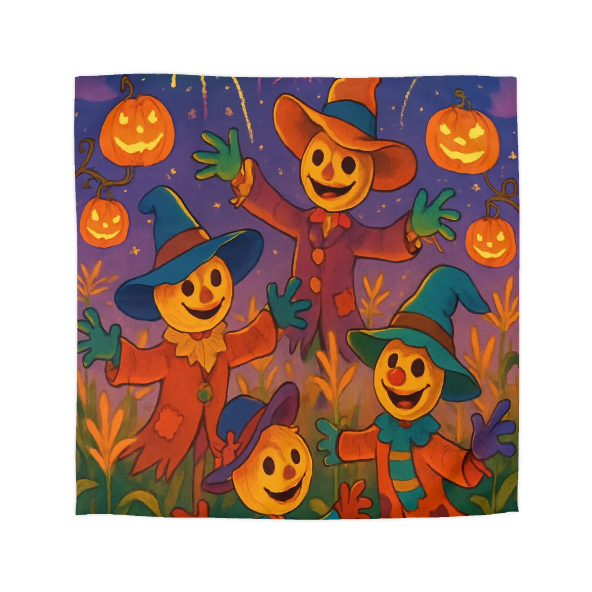 Housse de couette joyeux épouvantails et citrouilles lumineuses pour ambiance festive et colorée
