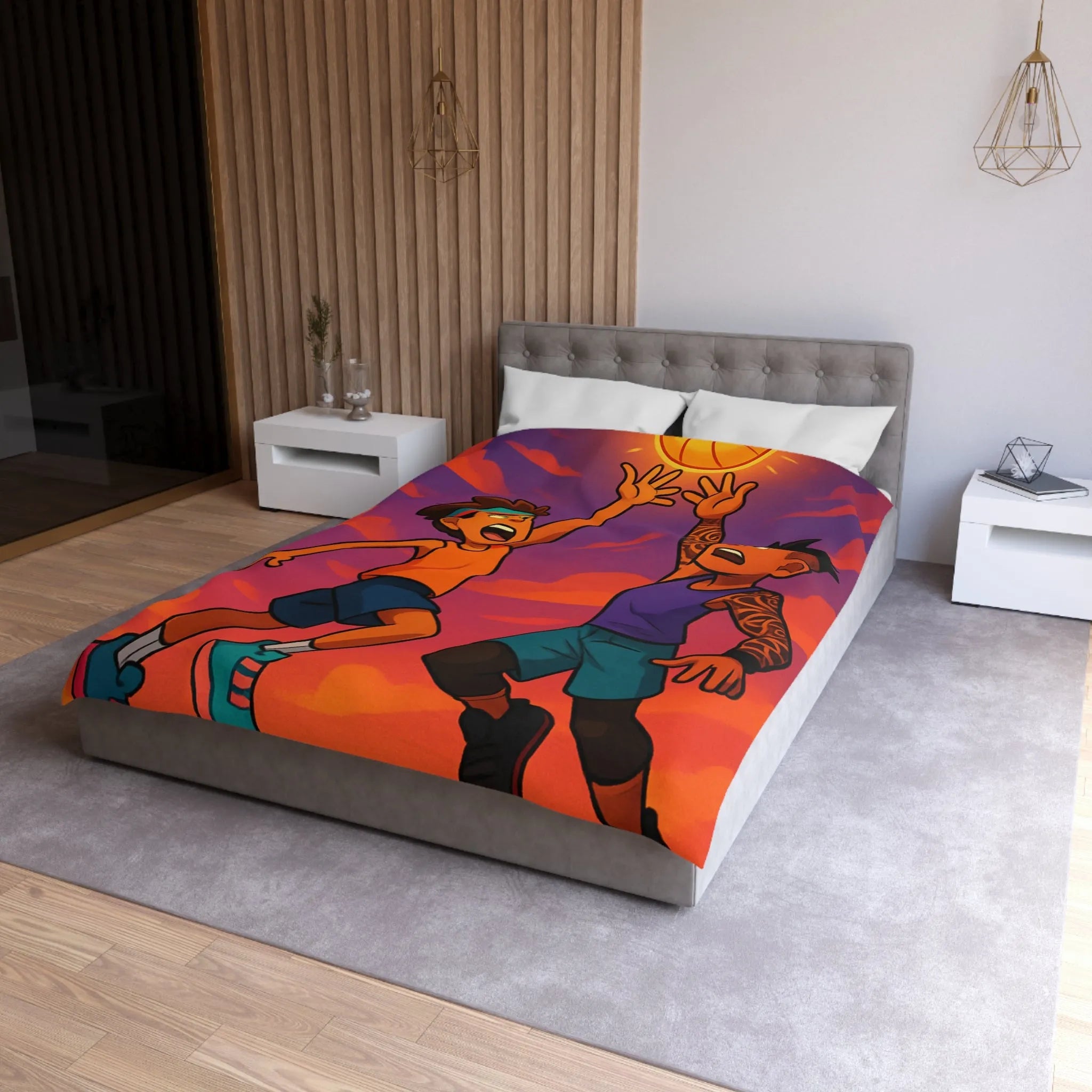 Housse de couette basketball, style dessin animé, coucher de soleil dynamique énergique