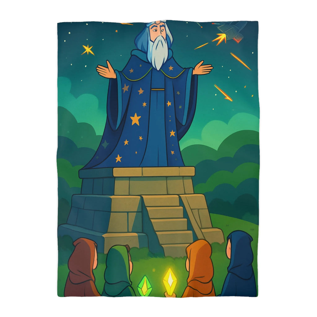 Housse de couette fantaisie avec sorcier et cristaux lumineux dans un paysage étoilé