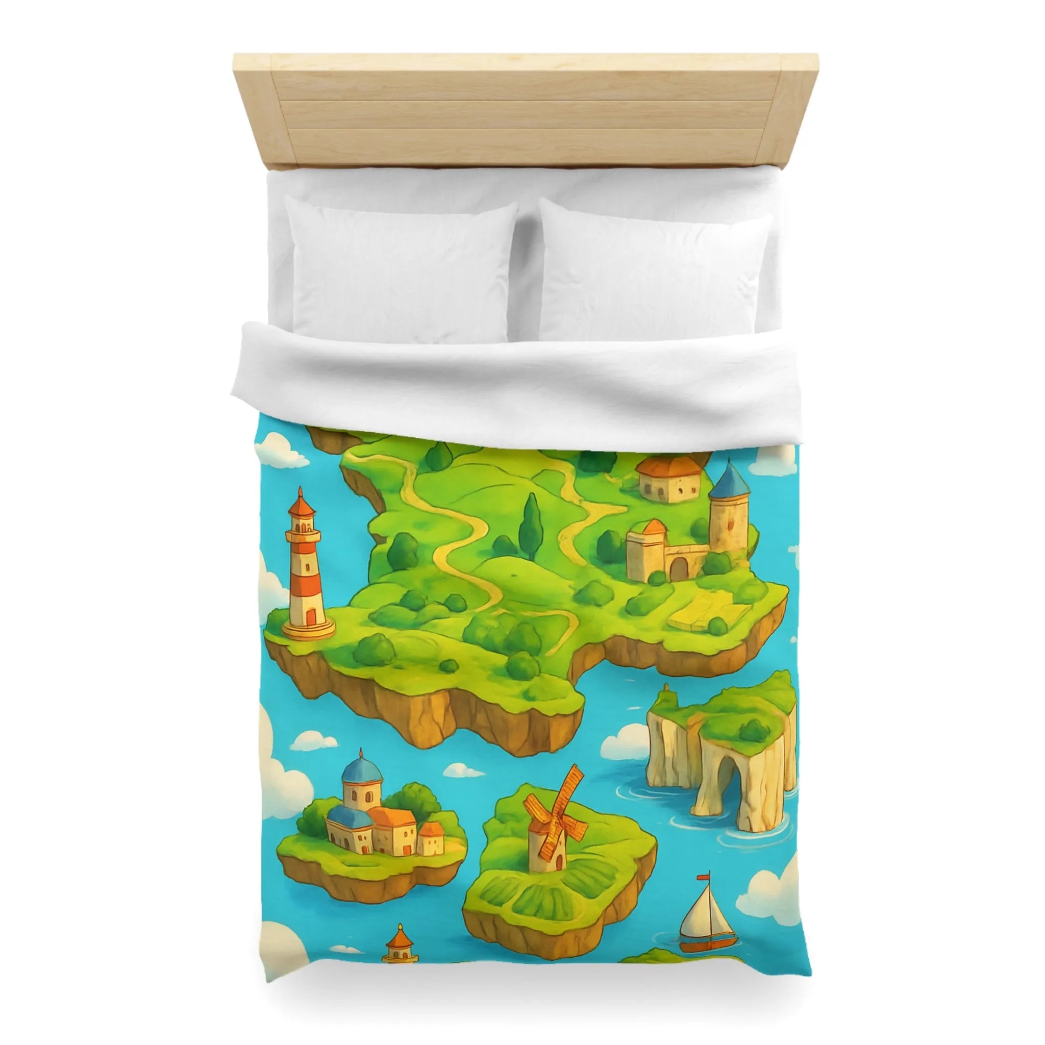 Housse de Couette Fantaisie Île Flottante Paysage Coloré Mer Moulins et Phare