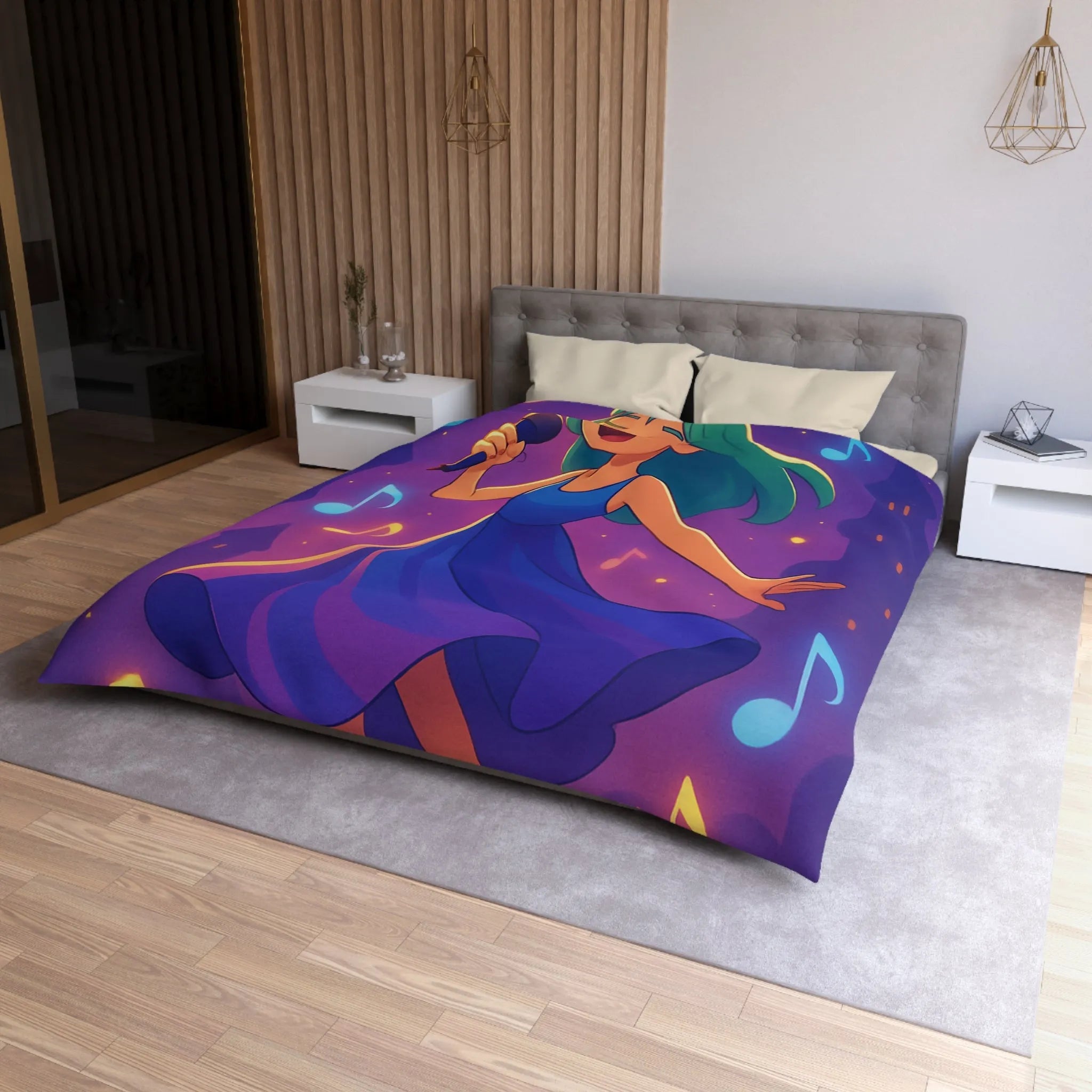 Fantaisie Vocale Féminine : Une Housse de Couette Mélodieuse pour Jeune Chanteuse Rêveuse