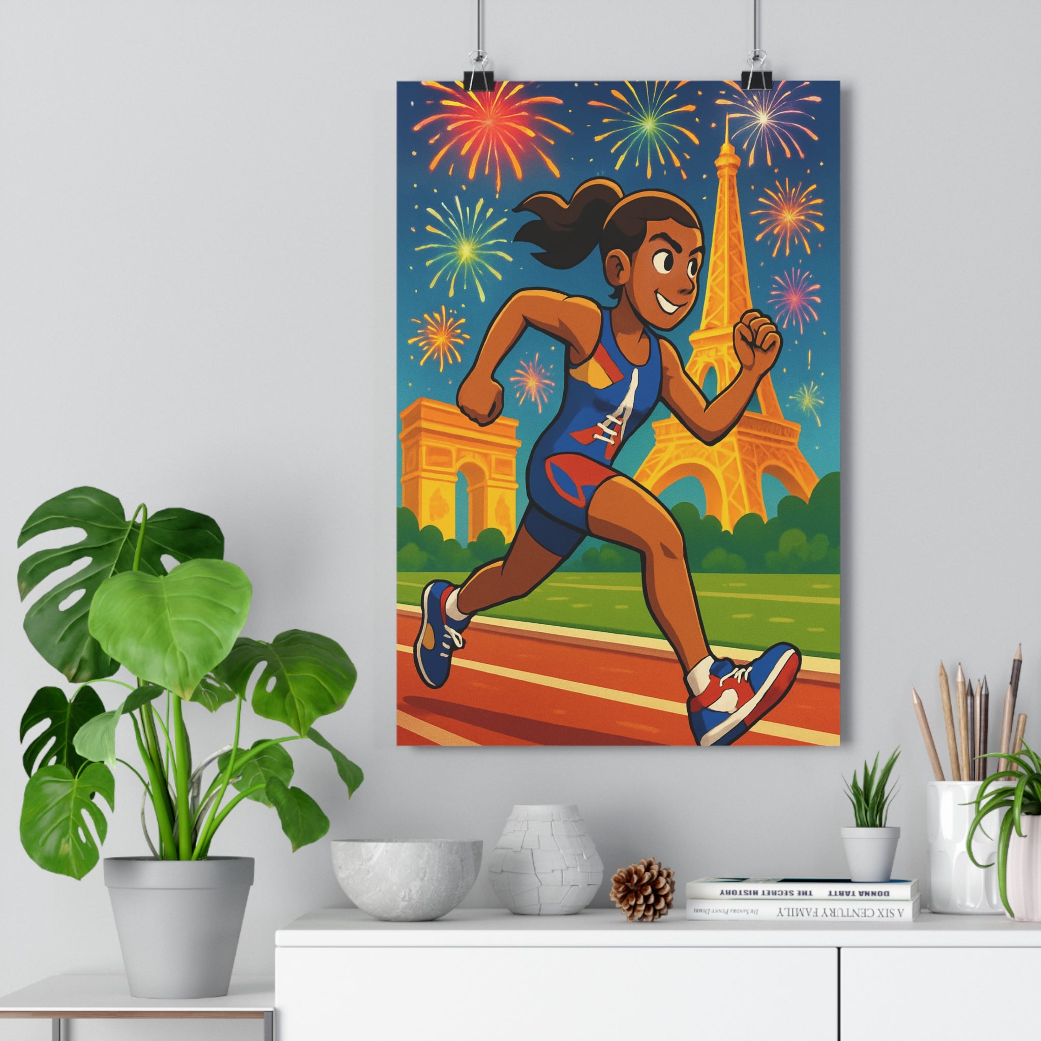Poster décoratif athlète dynamique paris coloré cartoon joyeux sportif chambre salon vibrant mural olympique