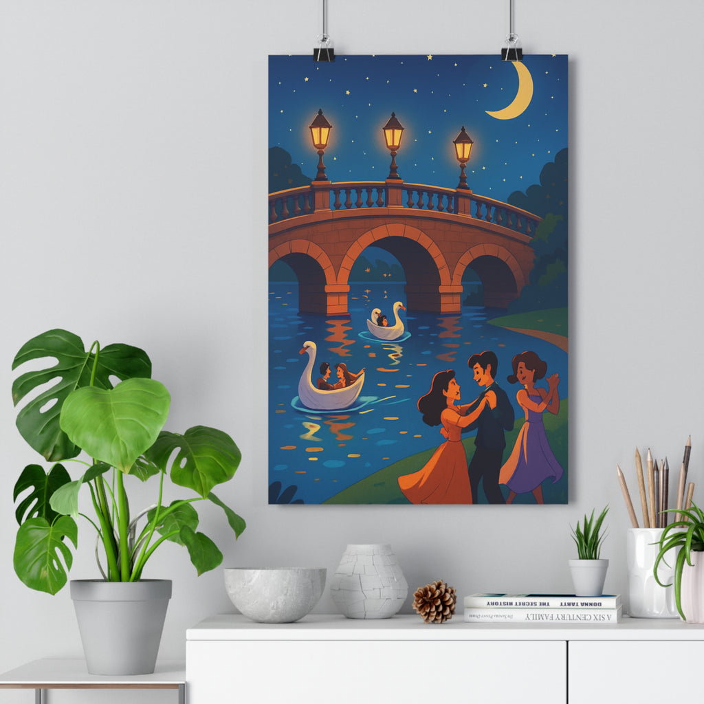 Poster décoratif romantique Paris pont lumineux couples lune dessin animé vibrant chambre salon qualité