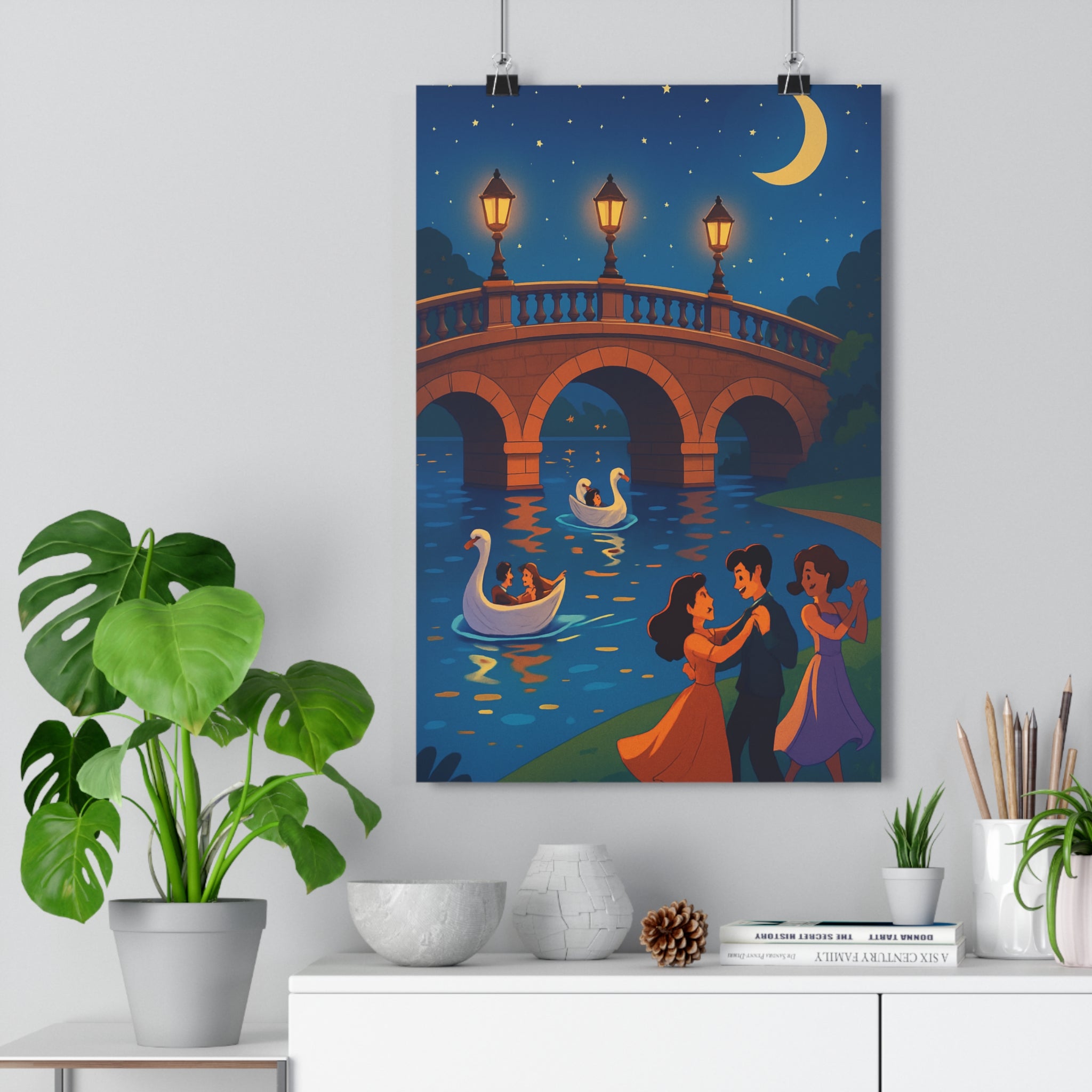 Poster décoratif romantique Paris pont lumineux couples lune dessin animé vibrant chambre salon qualité