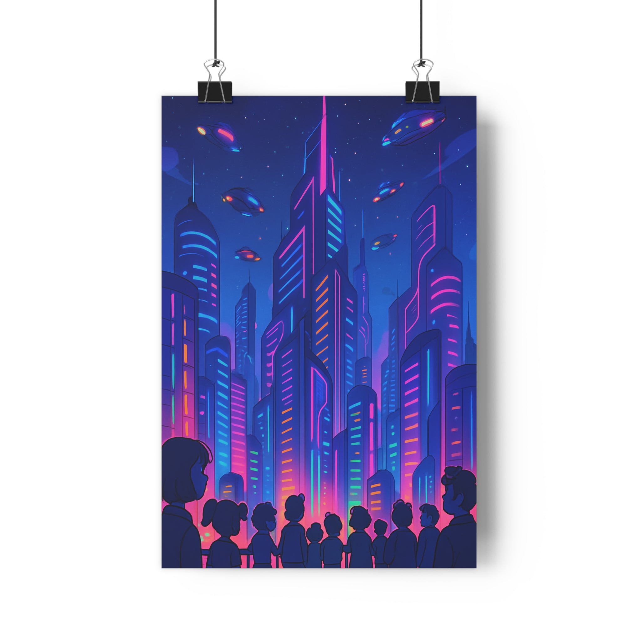 Poster décoratif futuriste cyberpunk néons bleus roses violets salon moderne urbain sciencefiction immersif design