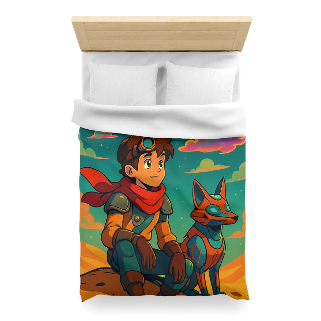 Housse de couette avec illustration colorée de personnage animé et chien robot sous ciel étoilé