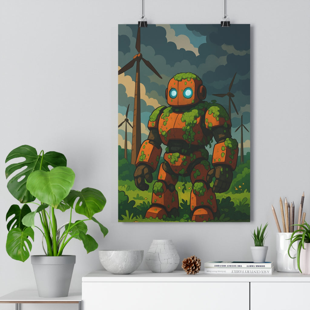 Poster décoratif robot vert cartoon futuriste salon bureau nature vibrant coloré paysage unique ambiance