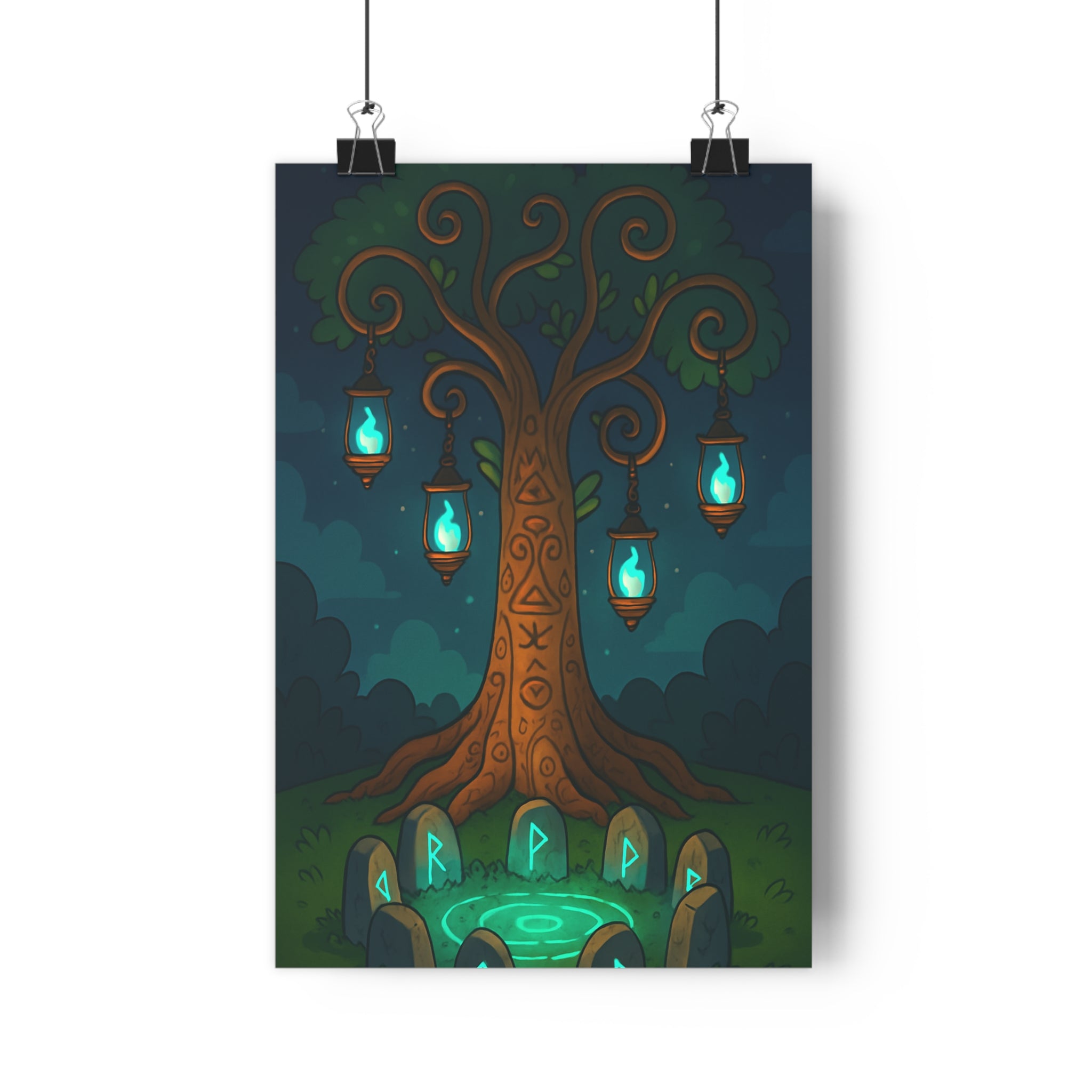 Poster décoratif arbre vie mystique bleu vert dessin animé salon apaisant magique unique élégant