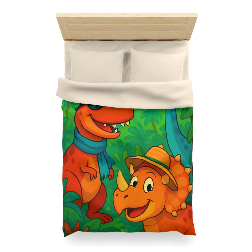 Housse de couette pour enfants avec dinosaures joyeux dans une jungle colorée et ludique