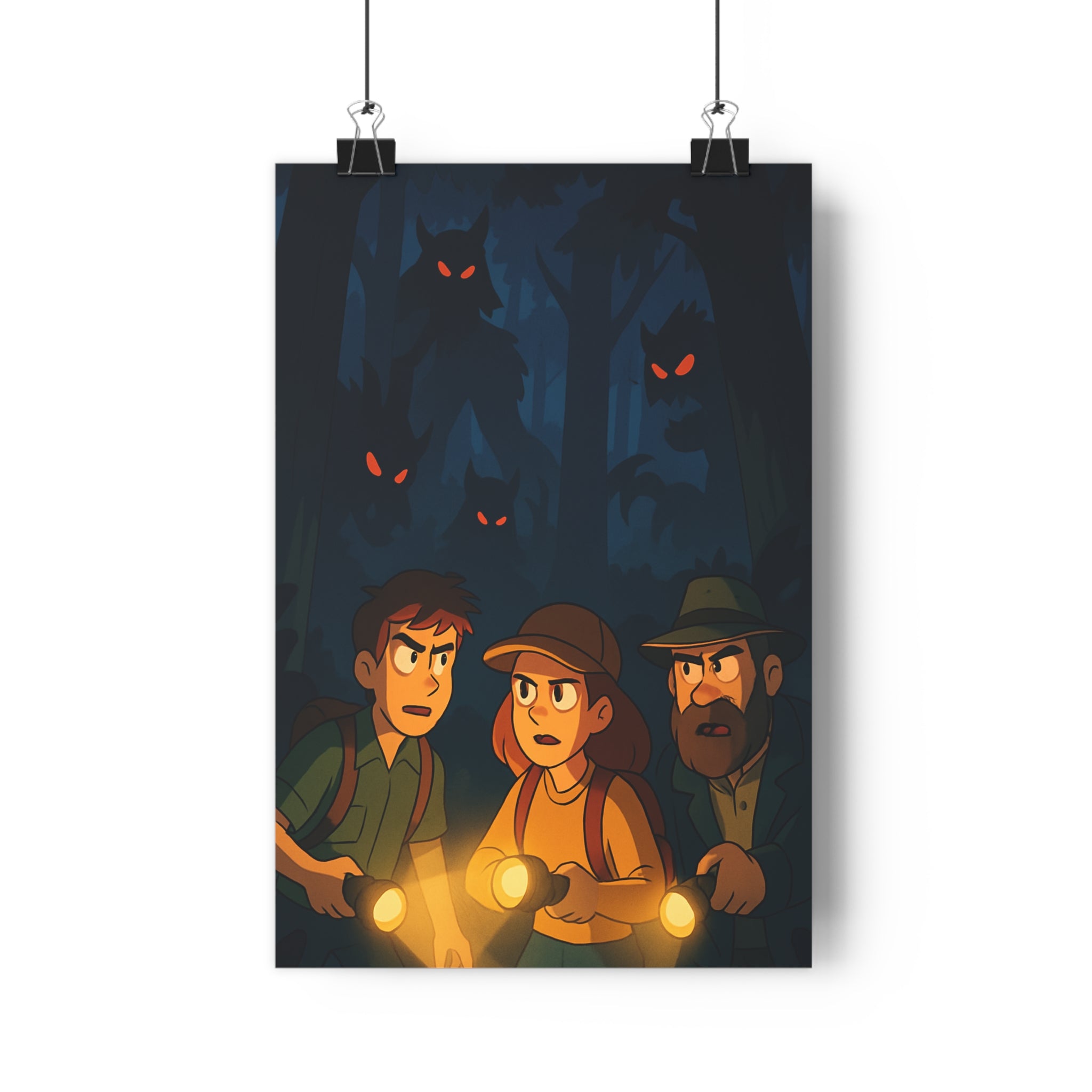 Poster décoratif sombre mystérieux forêt personnages aventure nuit exploration silhouettes yeux rouges dramatique qualité