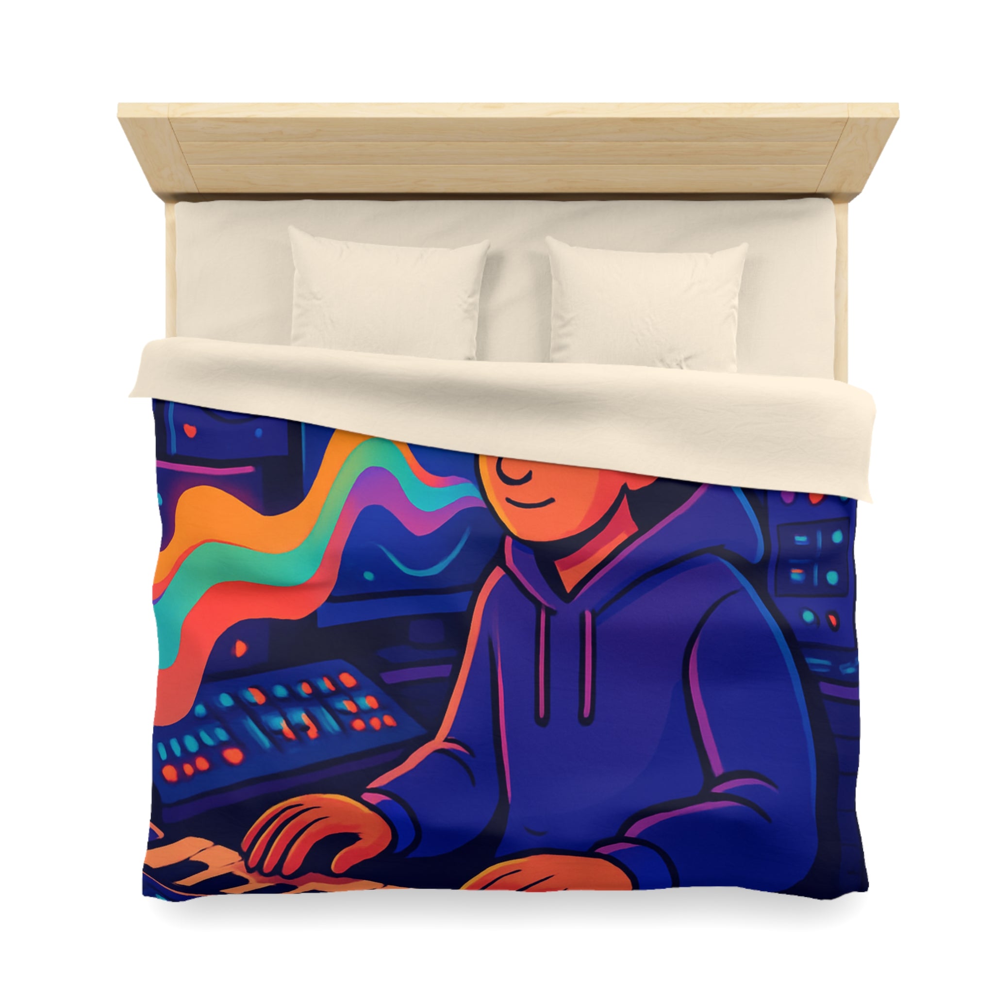 Housse de couette vibrante avec musicien dans un studio coloré et moderne