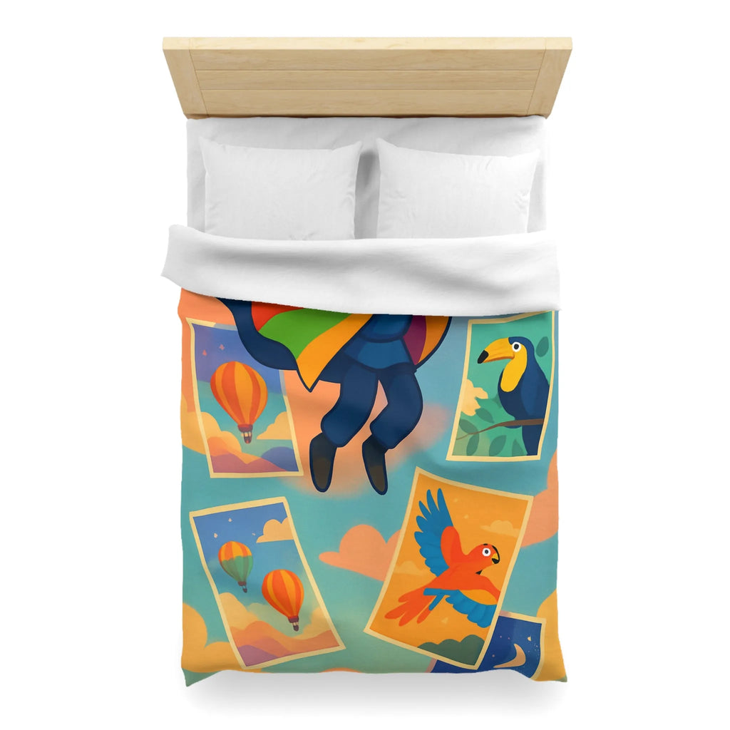 Housse de couette colorée avec motifs d'aventure de montgolfières et oiseaux exotiques