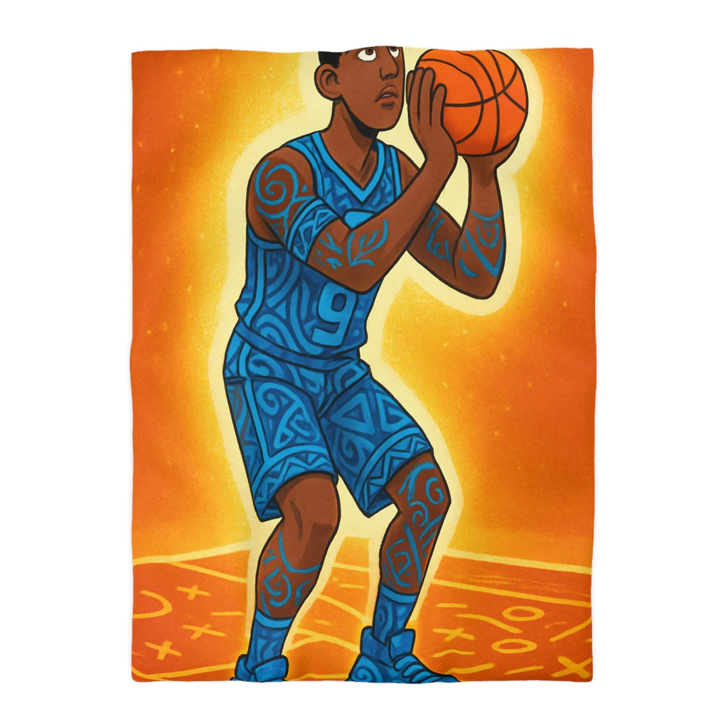 Housse De Couette Avec Joueur De Basketball Graphique En Bleu Sur Fond Orange
