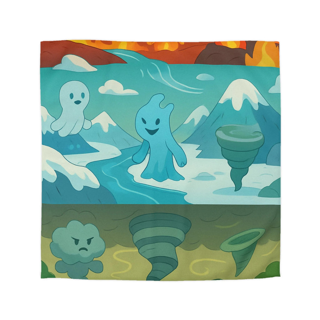 Housse de couette illustrant esprits élémentaires dans des paysages fantastiques vibrants et colorés