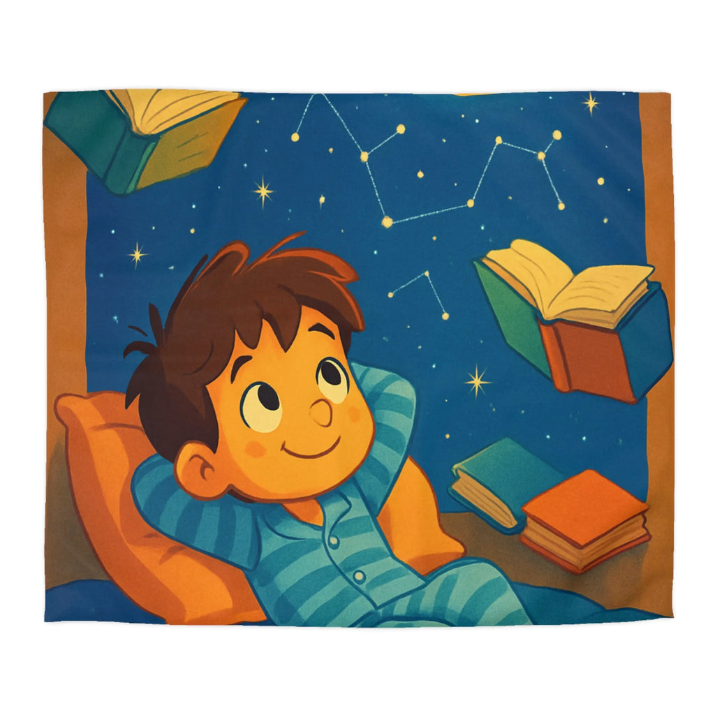 Housse de couette enfant étoilée avec lune et livres flottants pour doux rêves