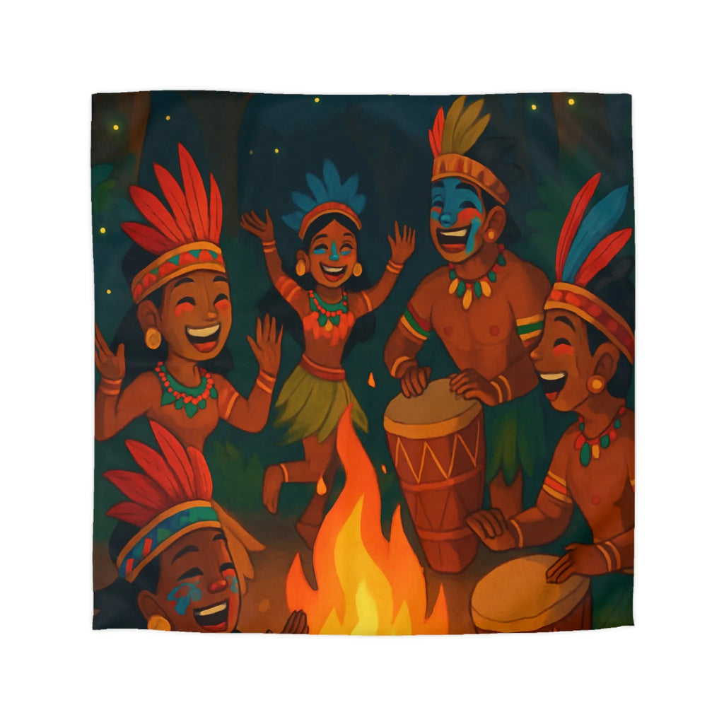 Housse de couette colorée avec illustration de danse tribale autour d'un feu de camp