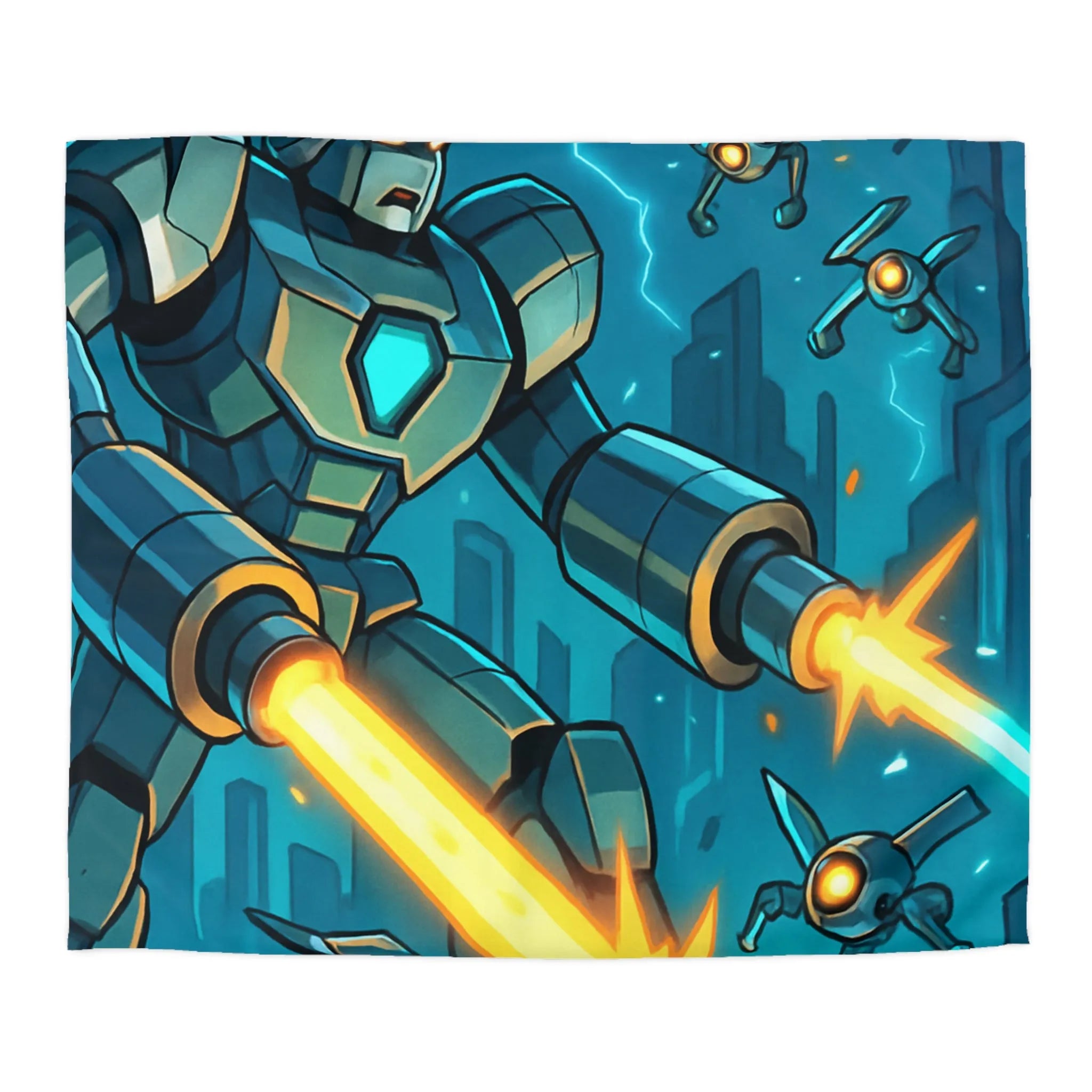 Housse de couette illustrant un robot tirant des lasers dans une ville futuriste la nuit