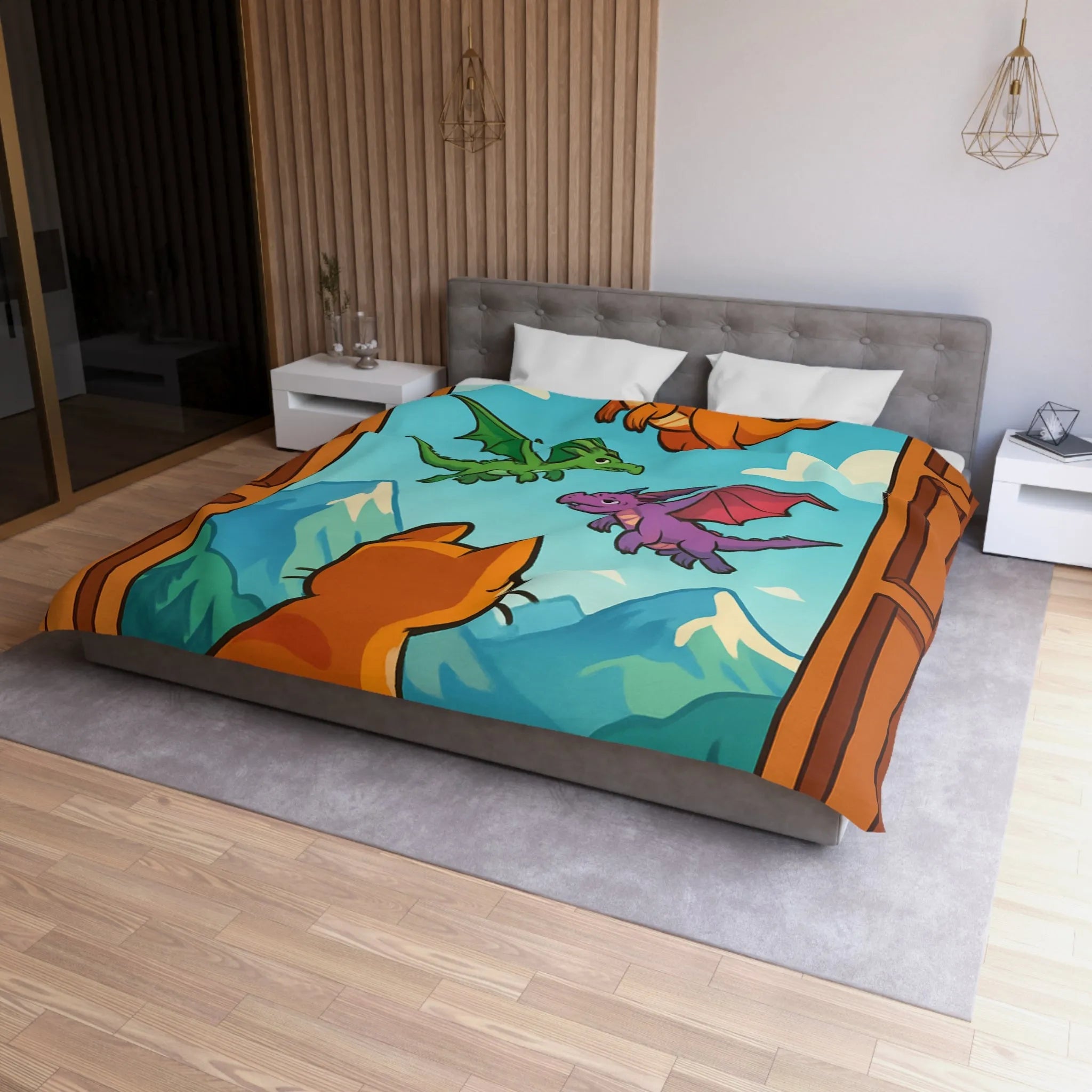 Housse de couette fantaisie avec chat orange et dragons colorés sur fond montagneux