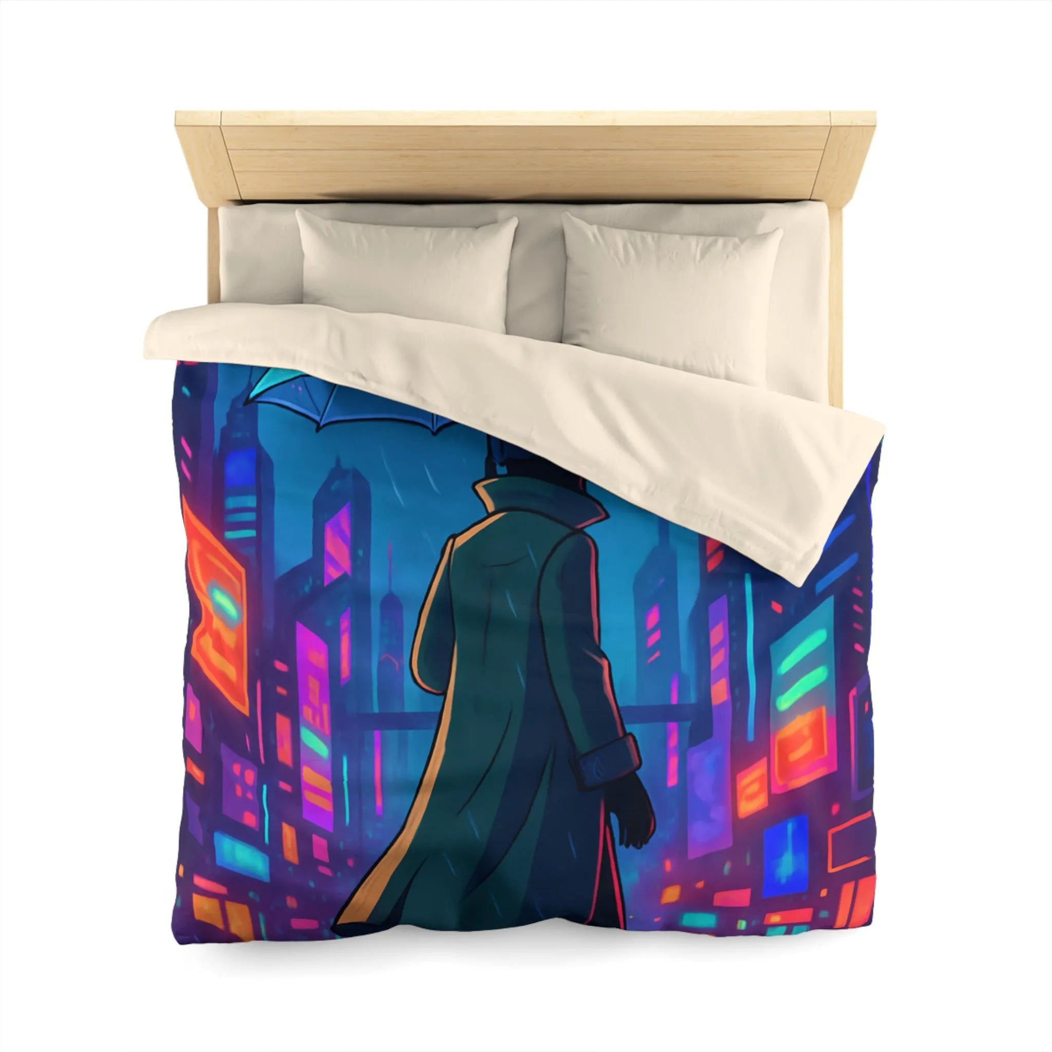 Housse de Couette Design Futuriste Ville Néon avec Parapluie et Pluie Nocturne