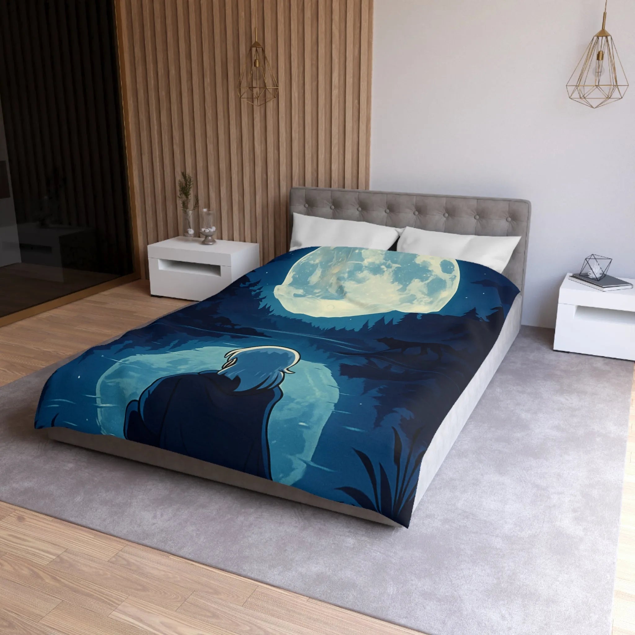 Envoûtante Housse de Couette Nocturne avec Pleine Lune Mystérieuse et Silhouette d'Arbres