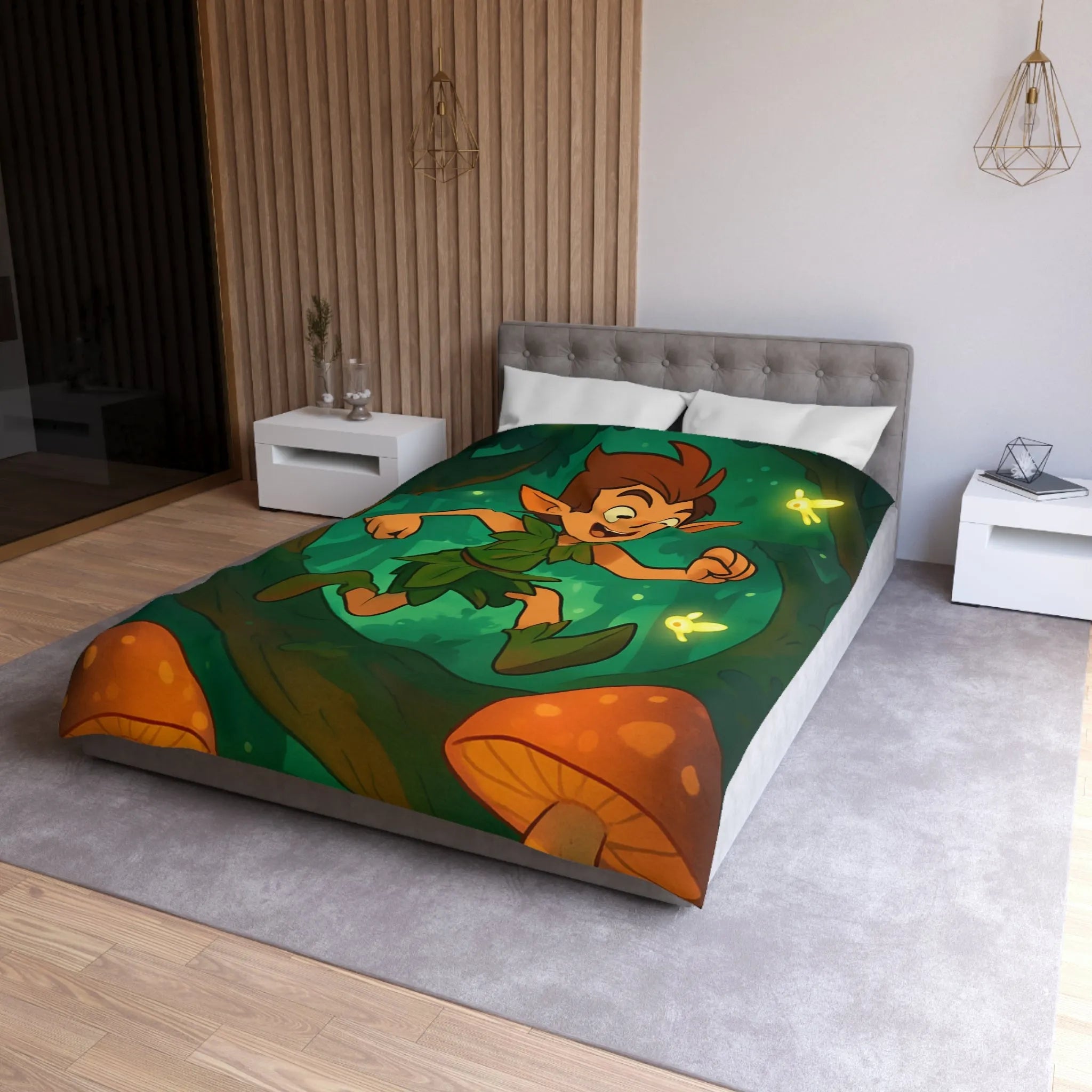 Housse de couette féérique avec elfes sautant parmi champignons lumineux en forêt