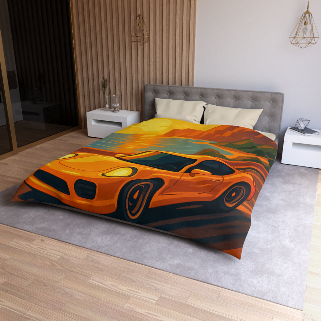 Housse de couette voiture sportive orange route côtière coucher de soleil paysage vibrant