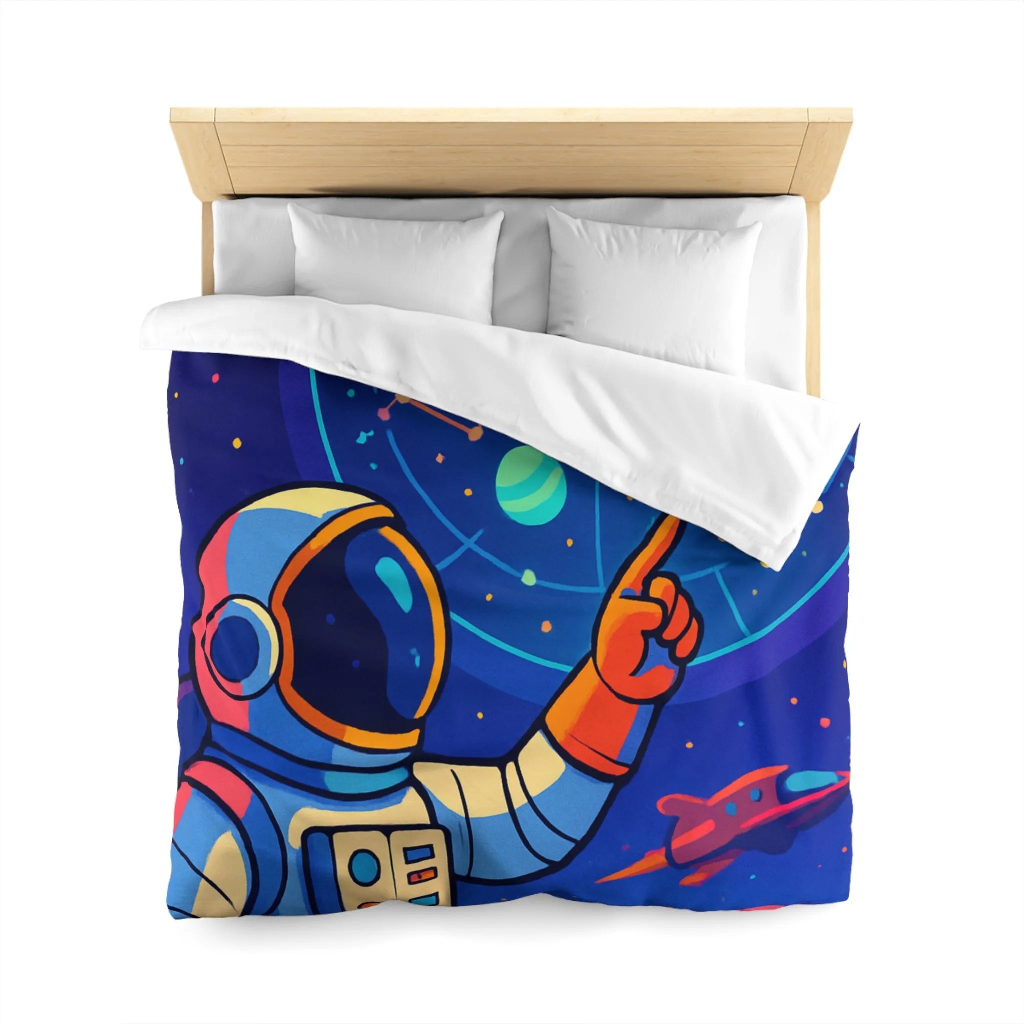 Housse de couette cosmos coloré avec astronaute, planète et carte des étoiles