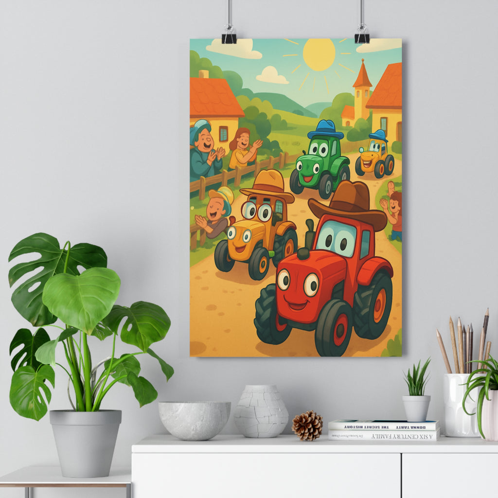 Poster décoratif cartoon coloré rouge jaune vert joyeux enfant chambre campagne festif souriant villageois