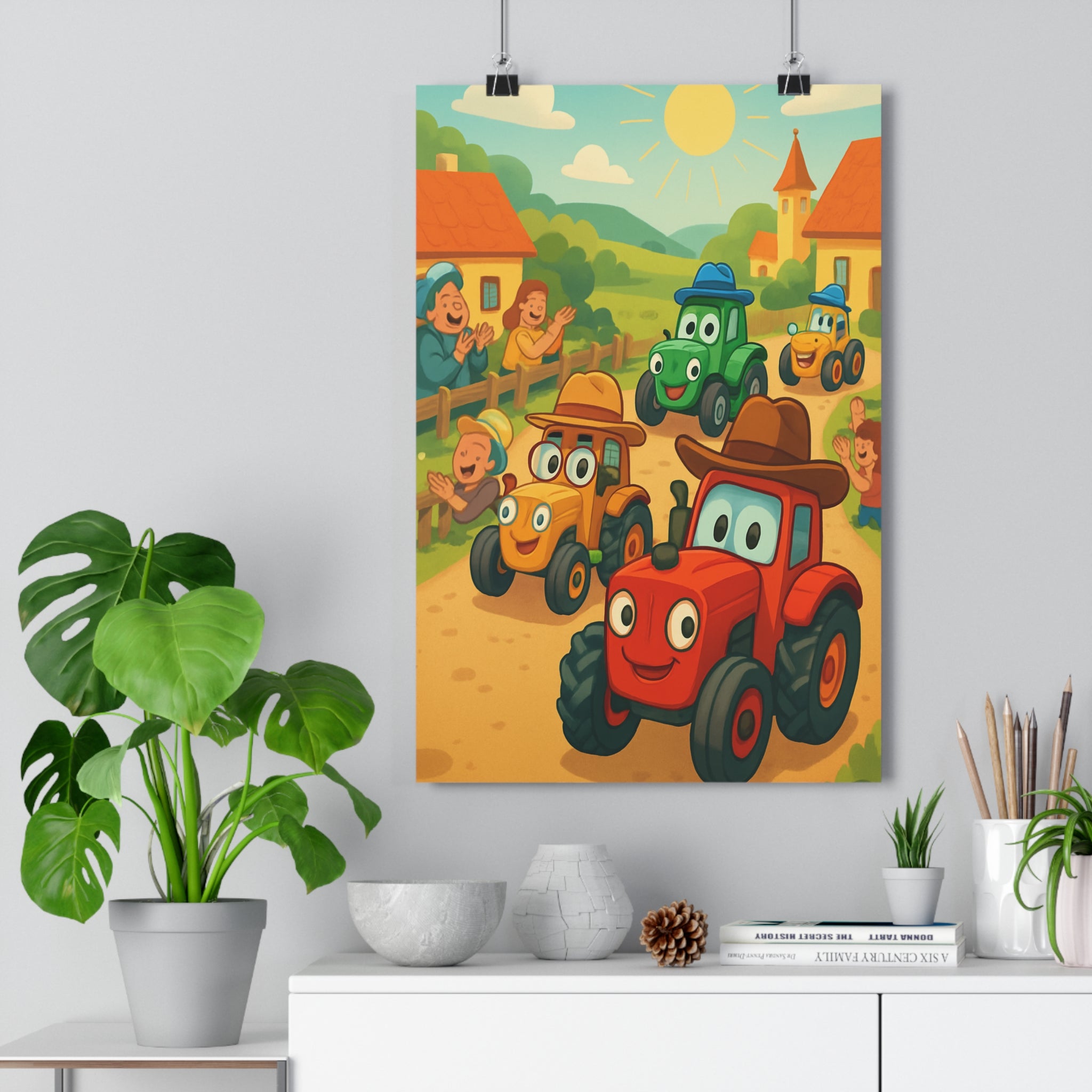 Poster décoratif cartoon coloré rouge jaune vert joyeux enfant chambre campagne festif souriant villageois