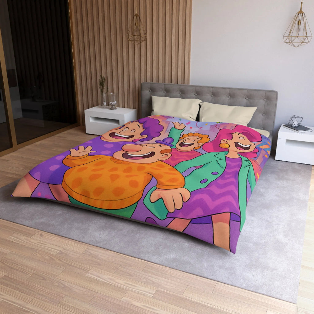Housse de couette joyeuse avec personnages et ballons pour décoration festive chambre