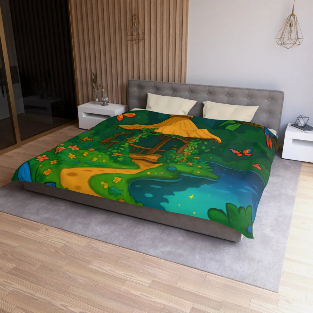 Housse de Couette Illustrée, Forêt Tropicale Nocturne avec Oiseaux et Papillons Colorés