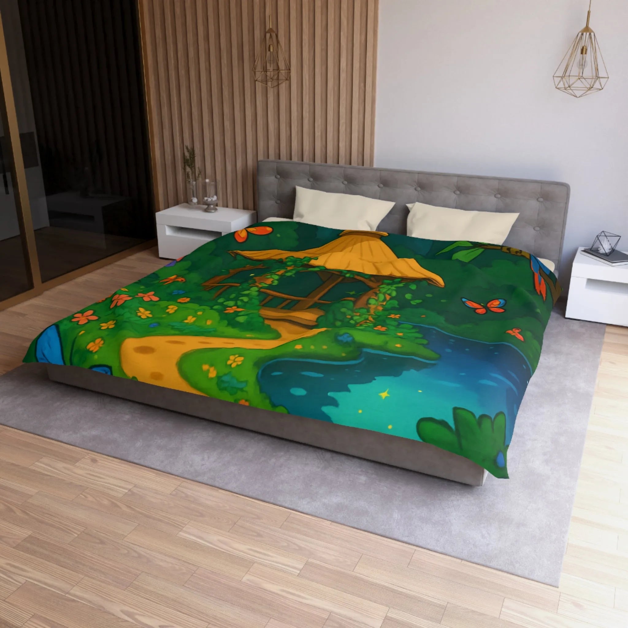 Housse de Couette Illustrée, Forêt Tropicale Nocturne avec Oiseaux et Papillons Colorés