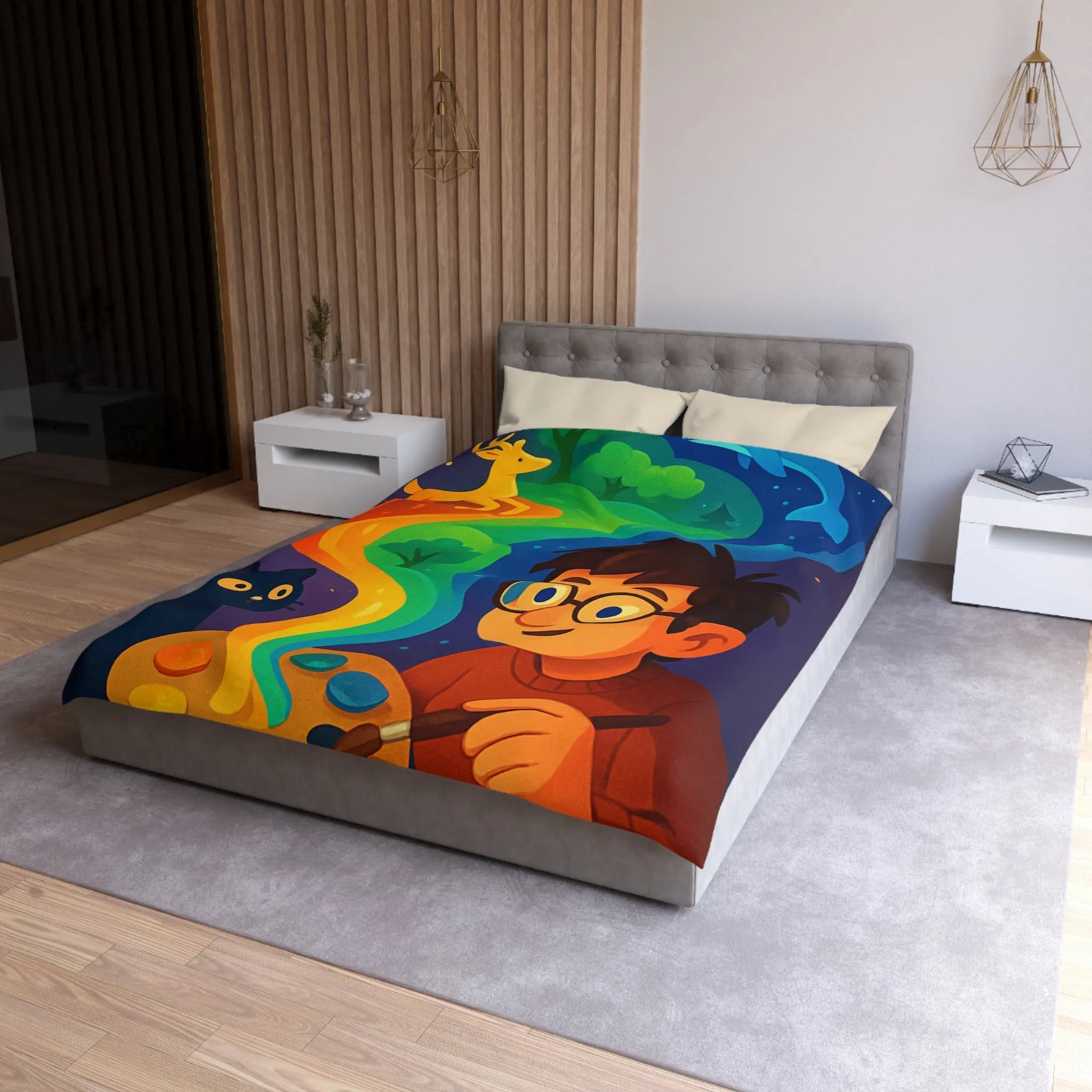 Housse de couette colorée illustrée avec artiste, palette et animaux fantastiques