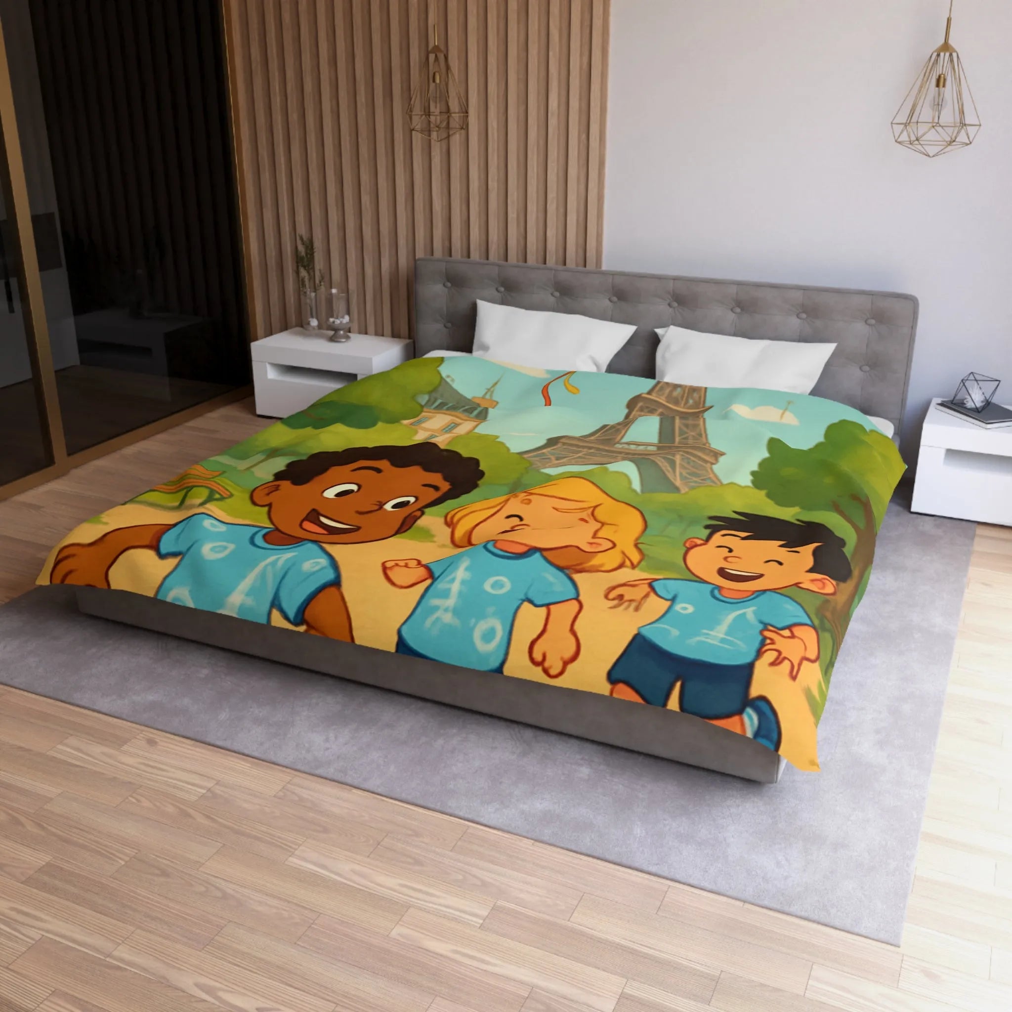 Housse de couette enfant avec tour iconique et cerfs-volants colorés en arrière-plan