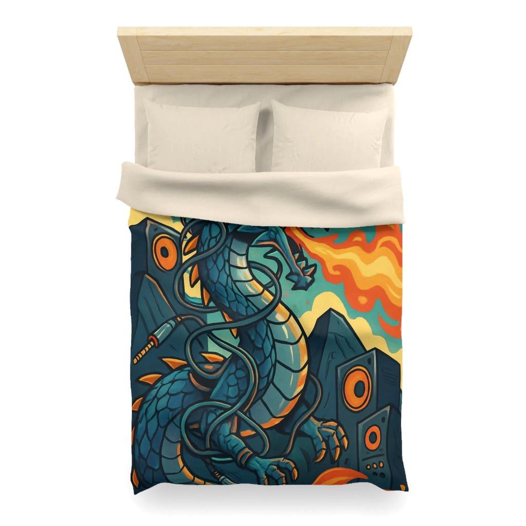 Housse de couette avec dragon fantaisie émettant flammes et musique vibrante rétro
