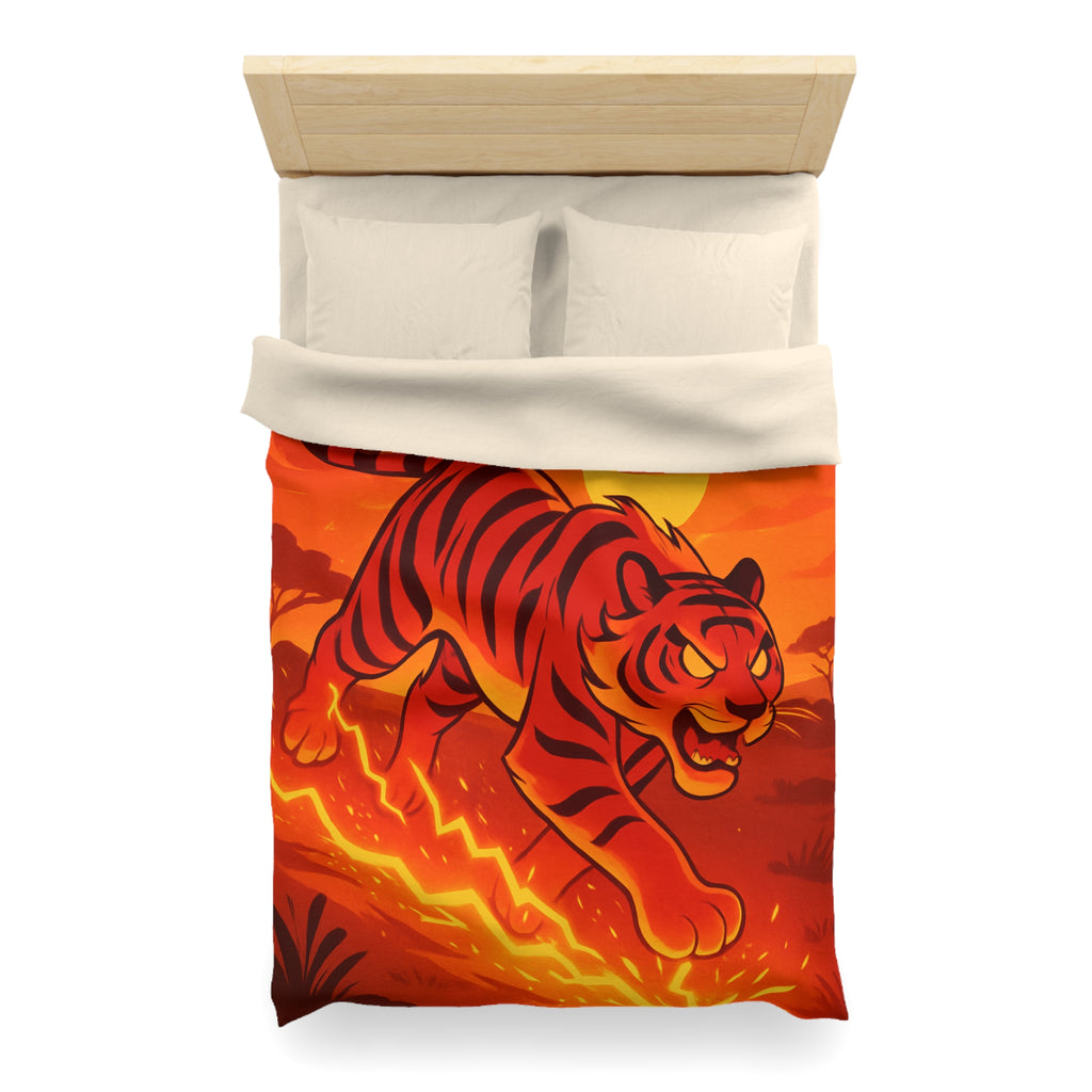 Housse de couette tigre dynamique avec coucher de soleil flamboyant en arrière-plan vibrant