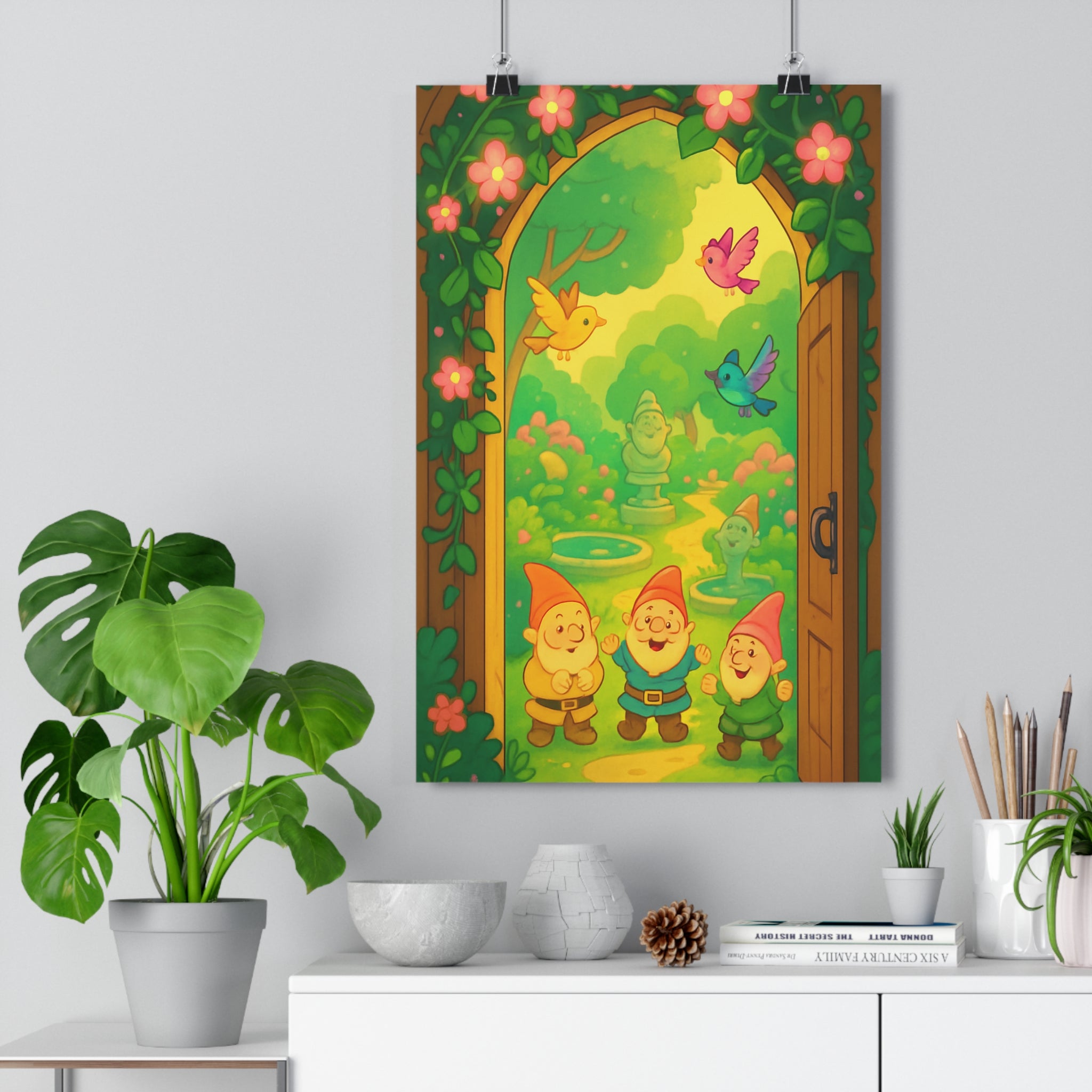 Poster décoratif jardin enchanté joyeux coloré fleurs oiseaux chambre salon mur nature artistique qualité