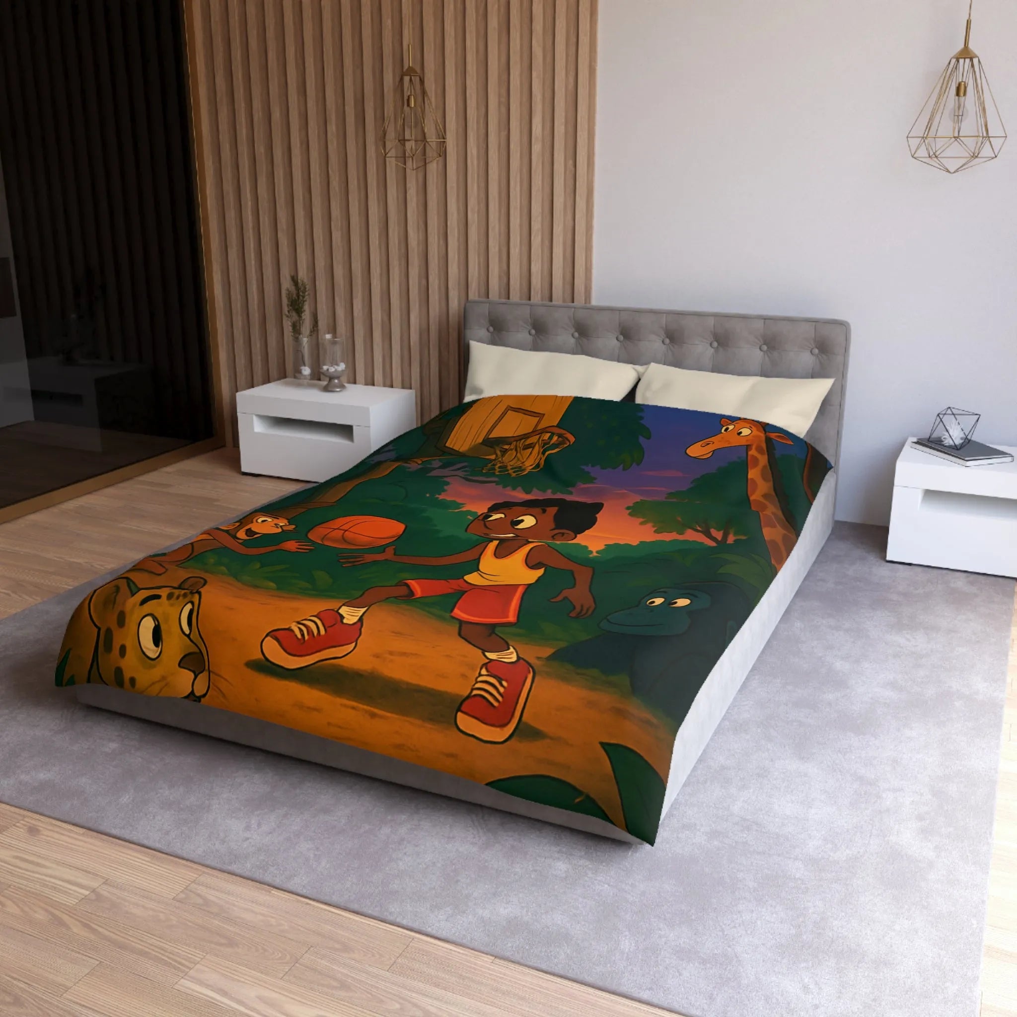 Housse de couette enfant jungle colorée avec garçon jouant au basket et animaux amusants