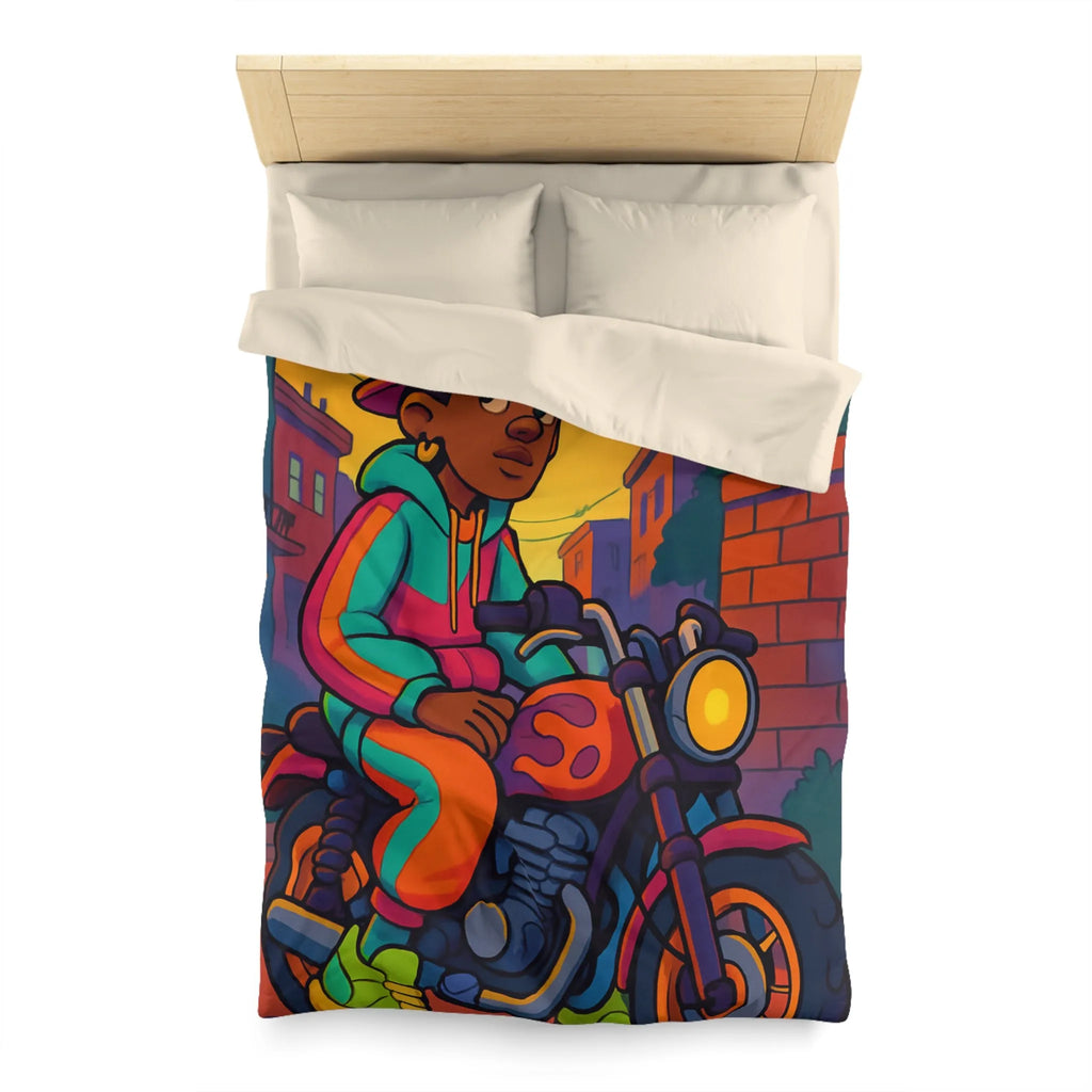 Housse de Couette Colorée avec Motif de Motard Urbain et Chat Orange Artistique