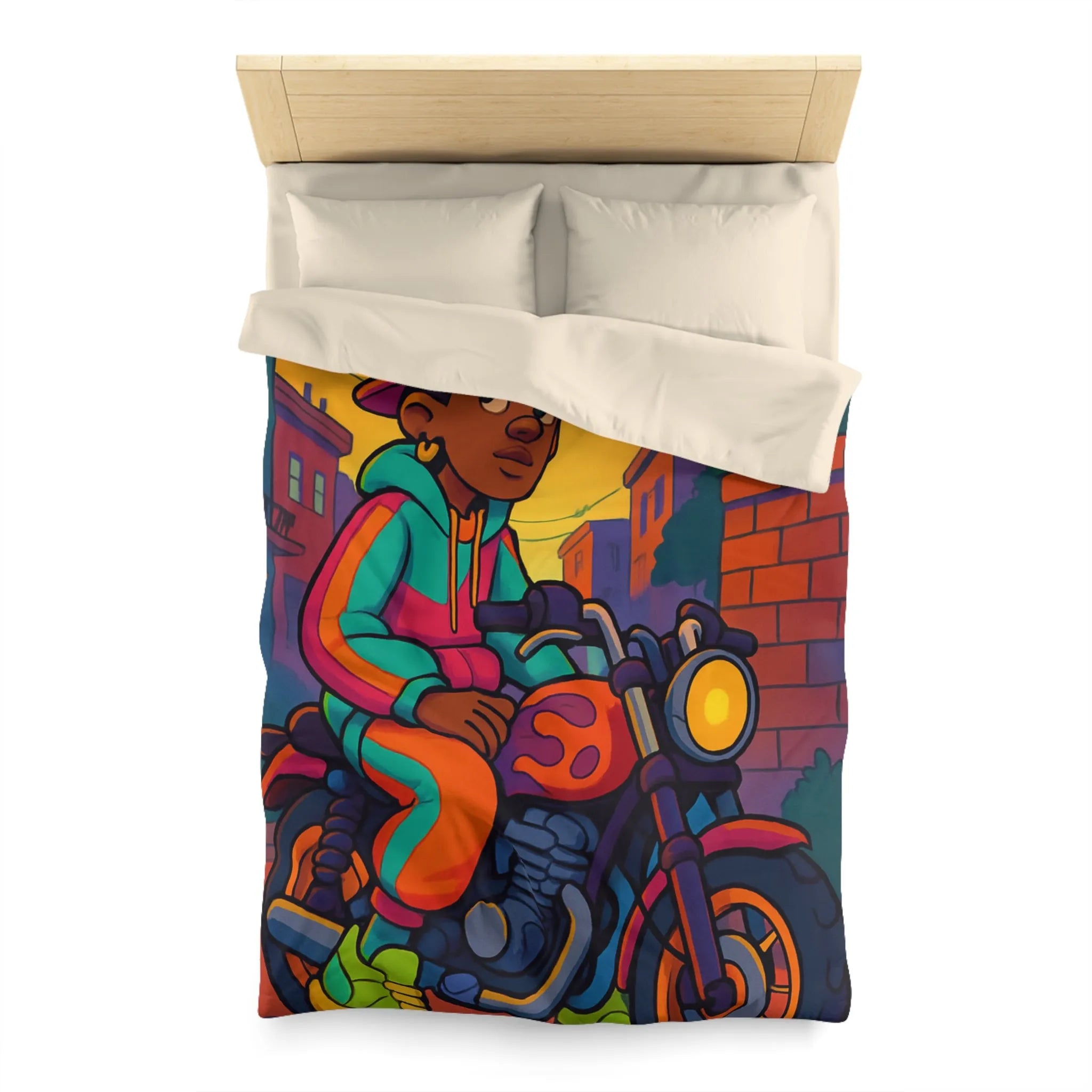 Housse de Couette Colorée avec Motif de Motard Urbain et Chat Orange Artistique