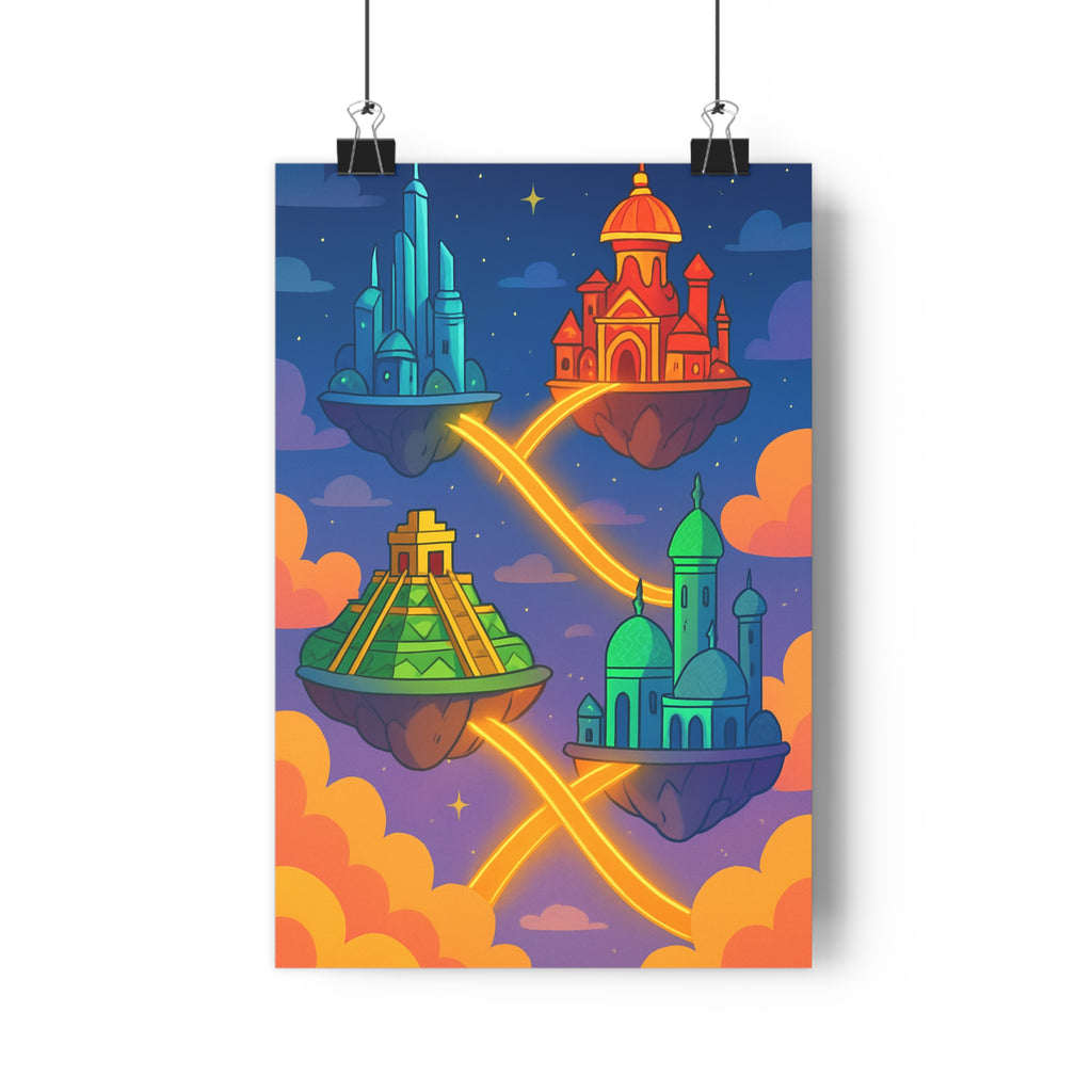 Poster décoratif cartoon bleu vert orange ciel futuriste mystique salon chambre enfant design tendance