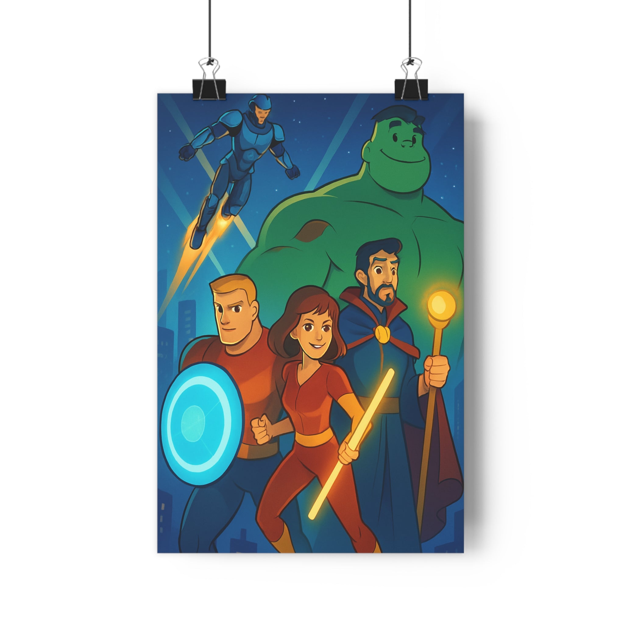 Poster décoratif vibrant coloré héros cartoon dynamique aventure chambre enfant 30x46 rouge bleu vert
